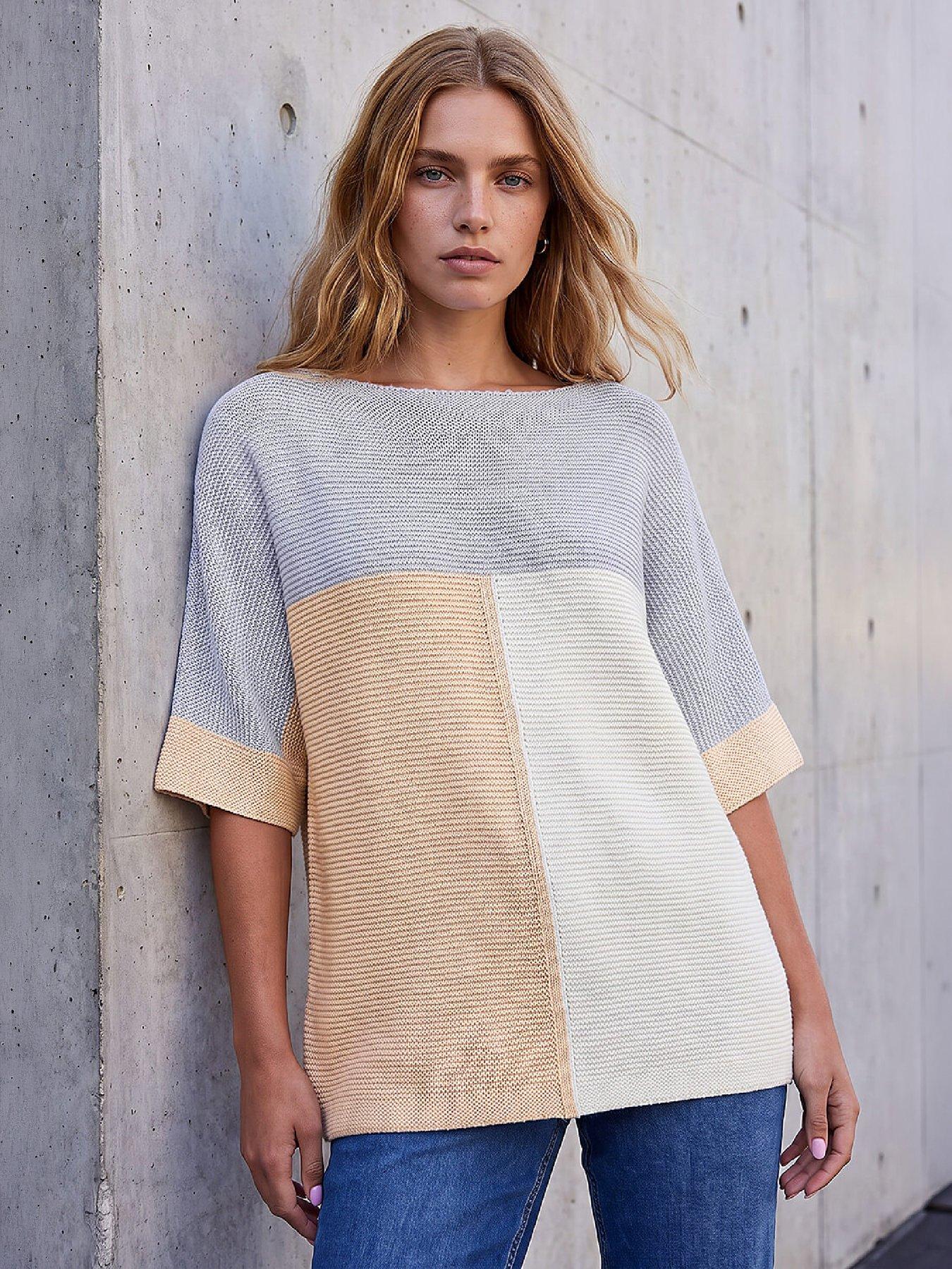 Roman Women's Light Grey Colour Block Short Sleeve Jumper Size 12 - Image 2