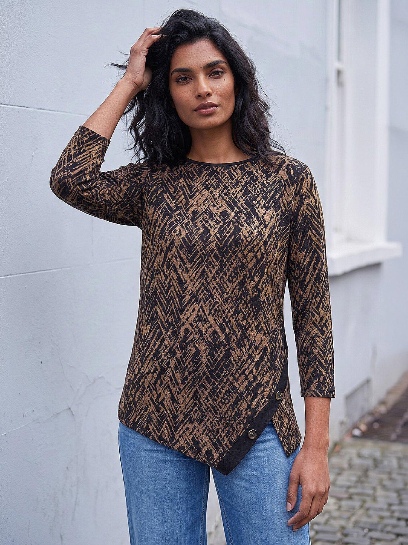 Image 2 of 4 of Roman Womens Printed Snit Scarf Tunic Top - Brown