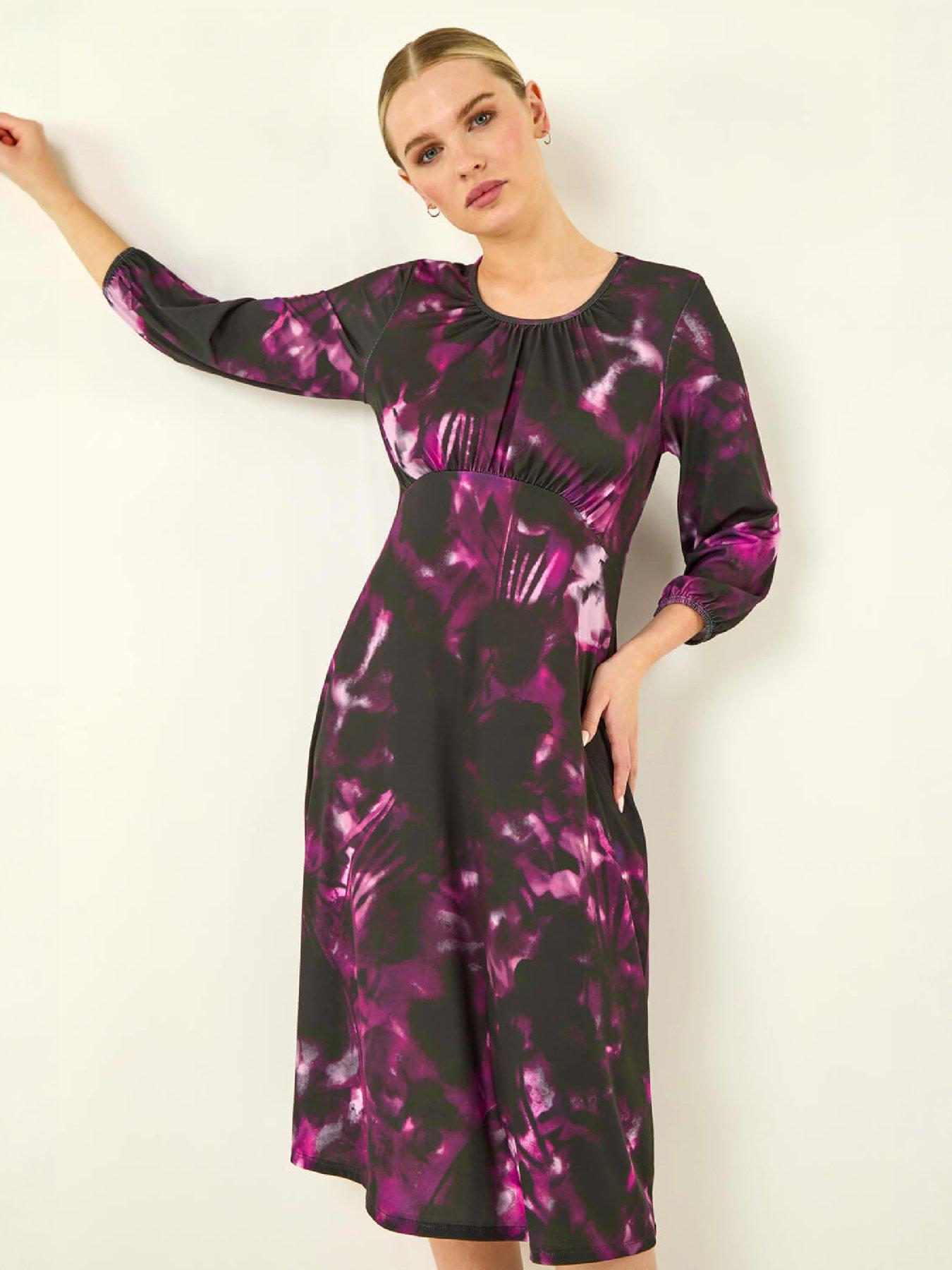 Roman Petite Women's Purple Abstract Stretch Midi Dress Size 14 - Image 6