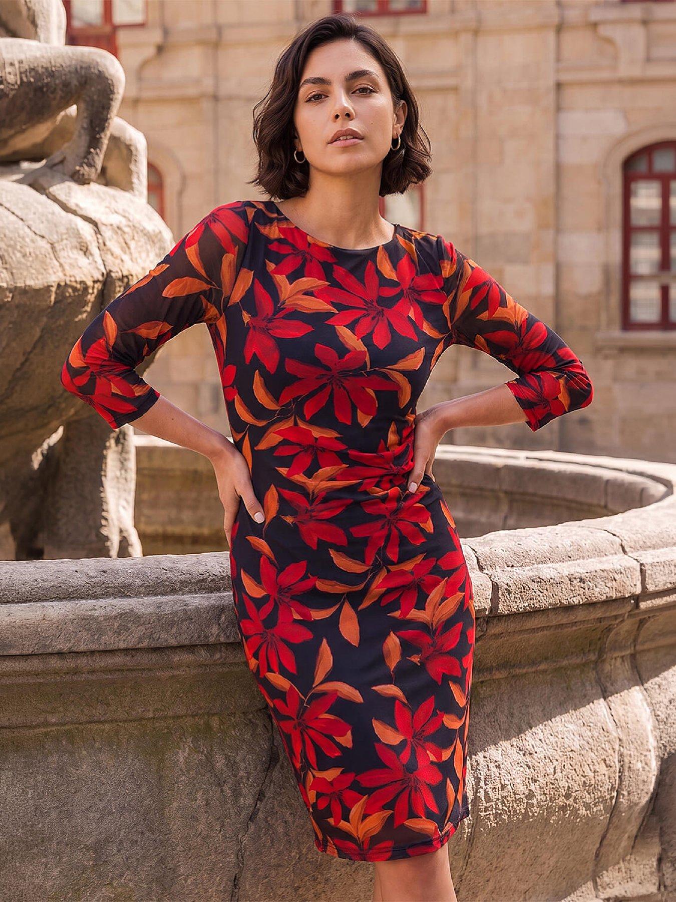 Roman Red Floral Print Stretch Mesh Dress - Image 3