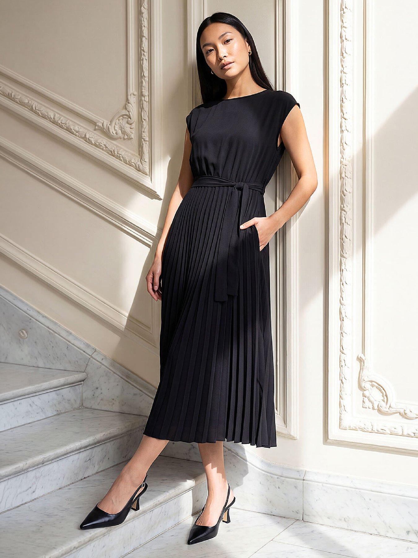Image 4 of 4 of Roman Womens Pleated Tie Waist Dress - Black