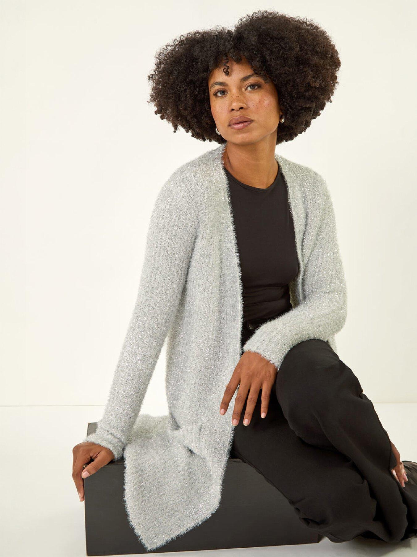 Roman Women's Metallic Longline Knit Cardigan Sweater in Silver | Size: 16 - Image 3