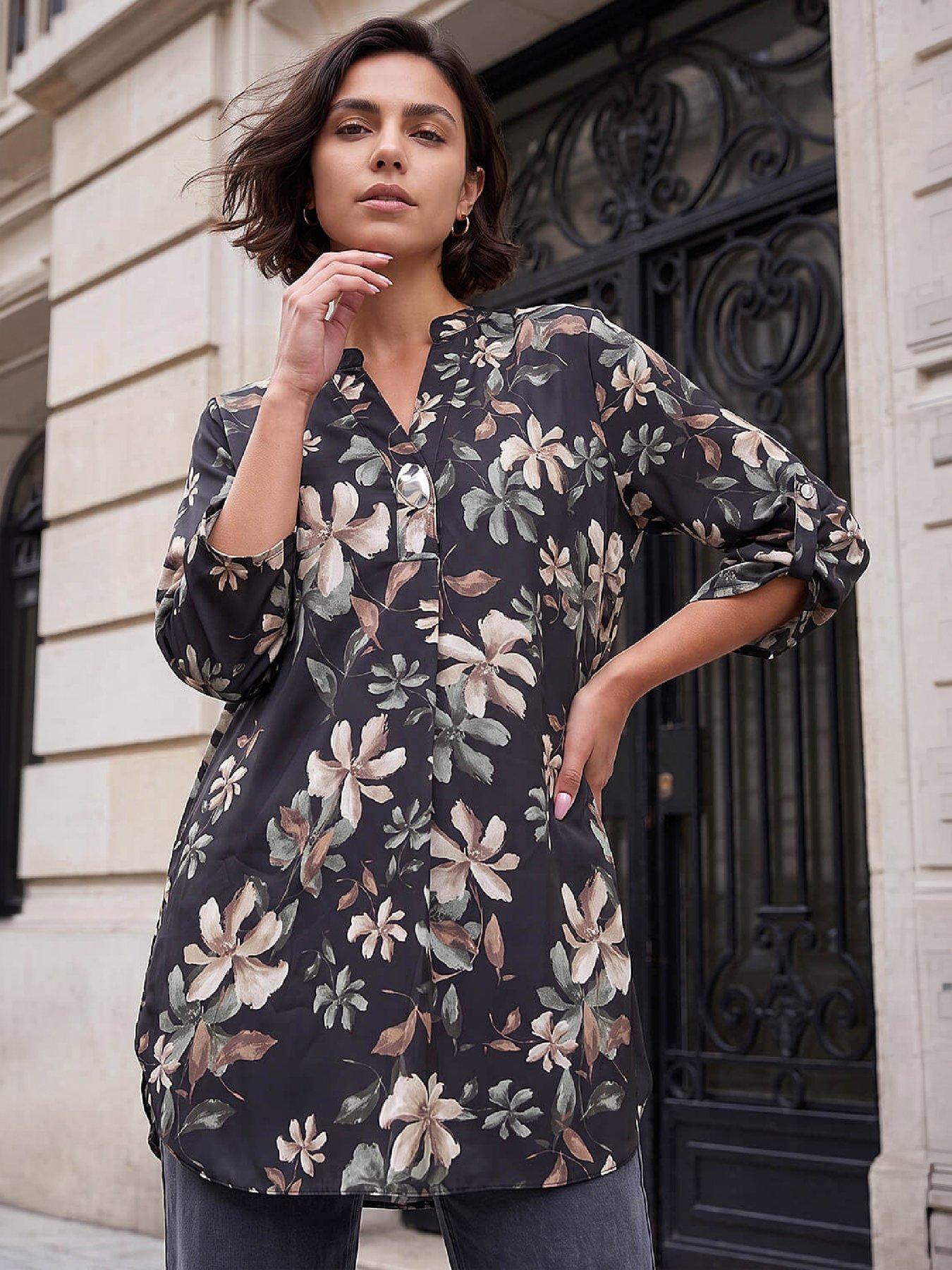 Roman Women's Black Floral Print Buttoned Longline Top In | Size: 12 - Image 2