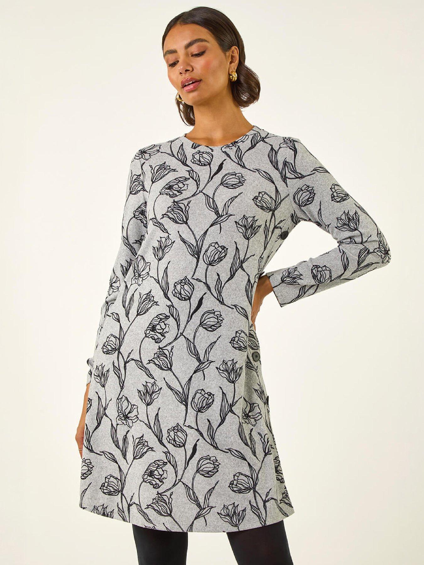 Roman Women's Grey Floral Print Side Button Stretch Dress In Size 16 - Image 3
