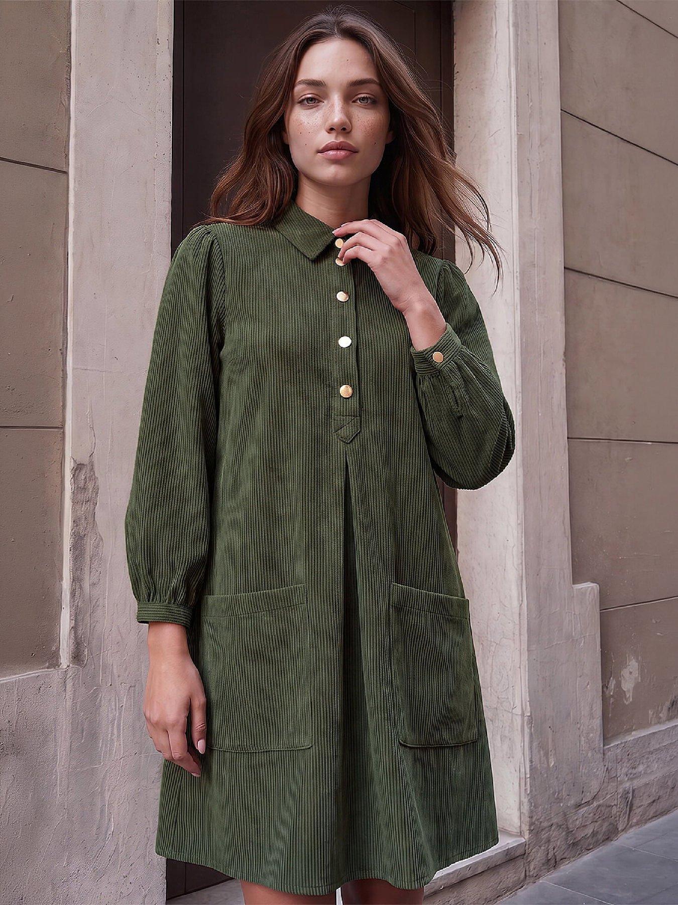 Roman Khaki Petite Cord Button Dress - Image 3