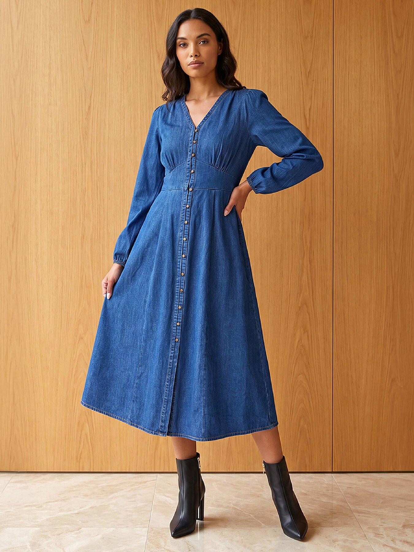 Roman Women's Denim Button Through Midi Dress Size 16 - Image 2
