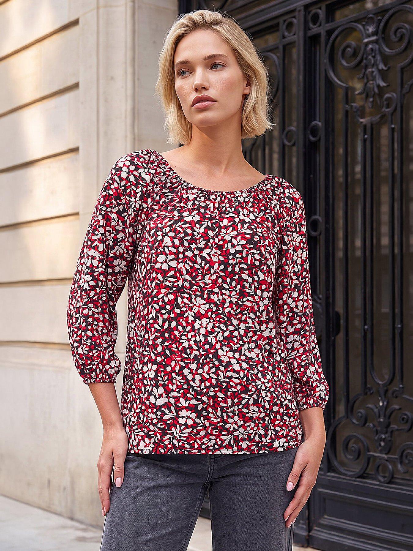 Image 1 of 4 of Roman Womens Textured Floral Gathered Neck 3/4 Sleeve Blouse - Red
