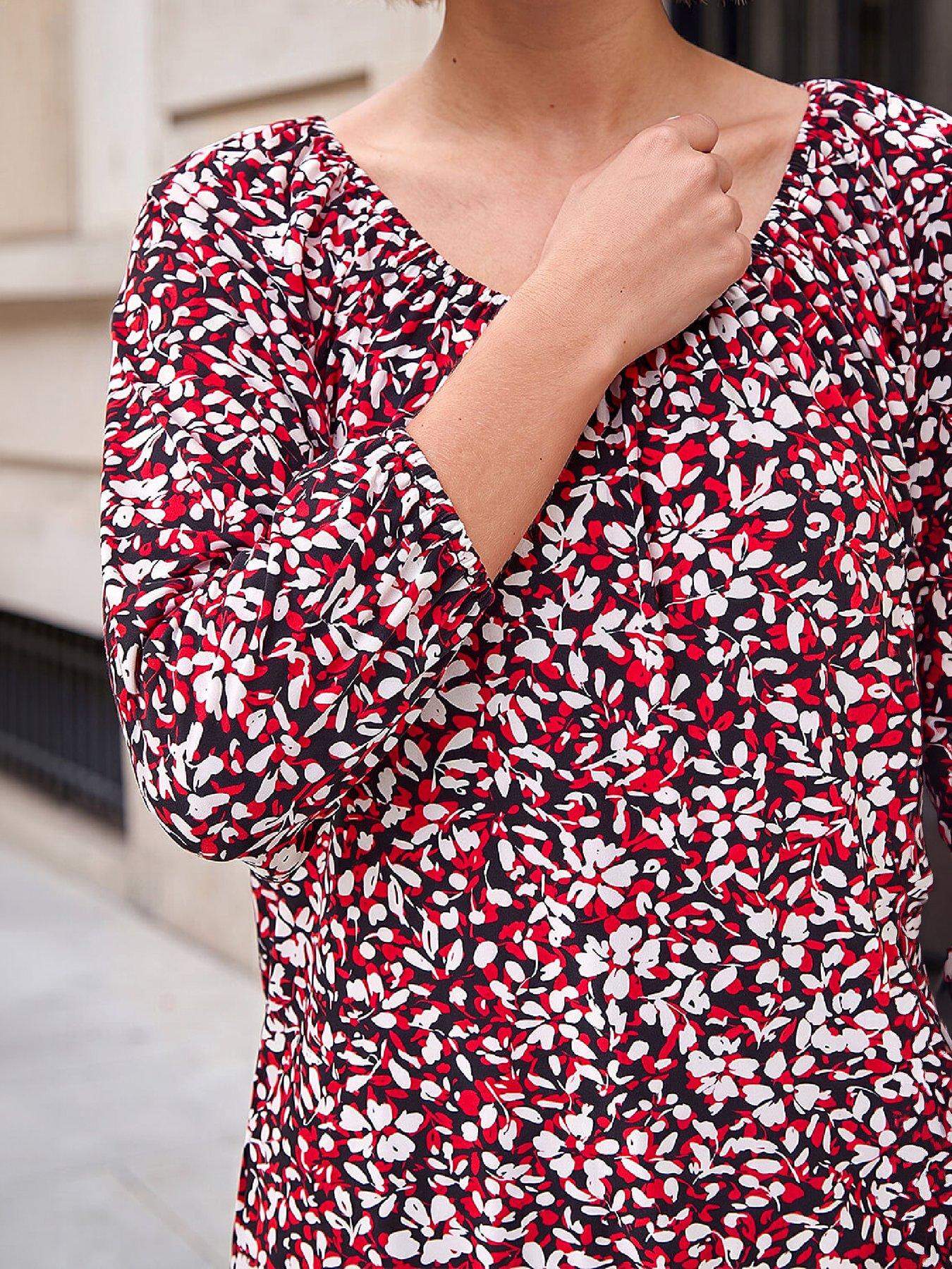 Image 2 of 4 of Roman Womens Textured Floral Gathered Neck 3/4 Sleeve Blouse - Red