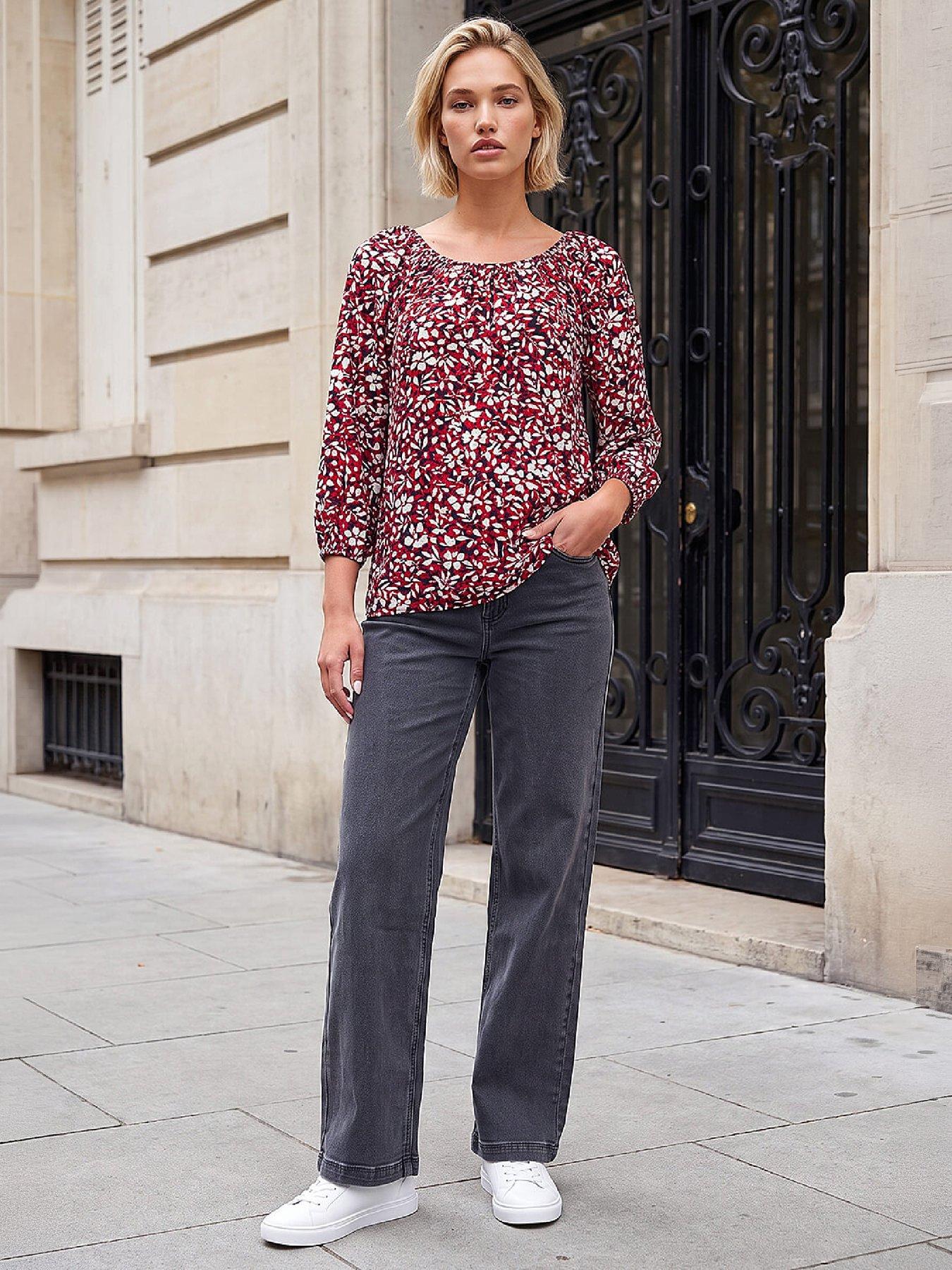 Image 3 of 4 of Roman Womens Textured Floral Gathered Neck 3/4 Sleeve Blouse - Red