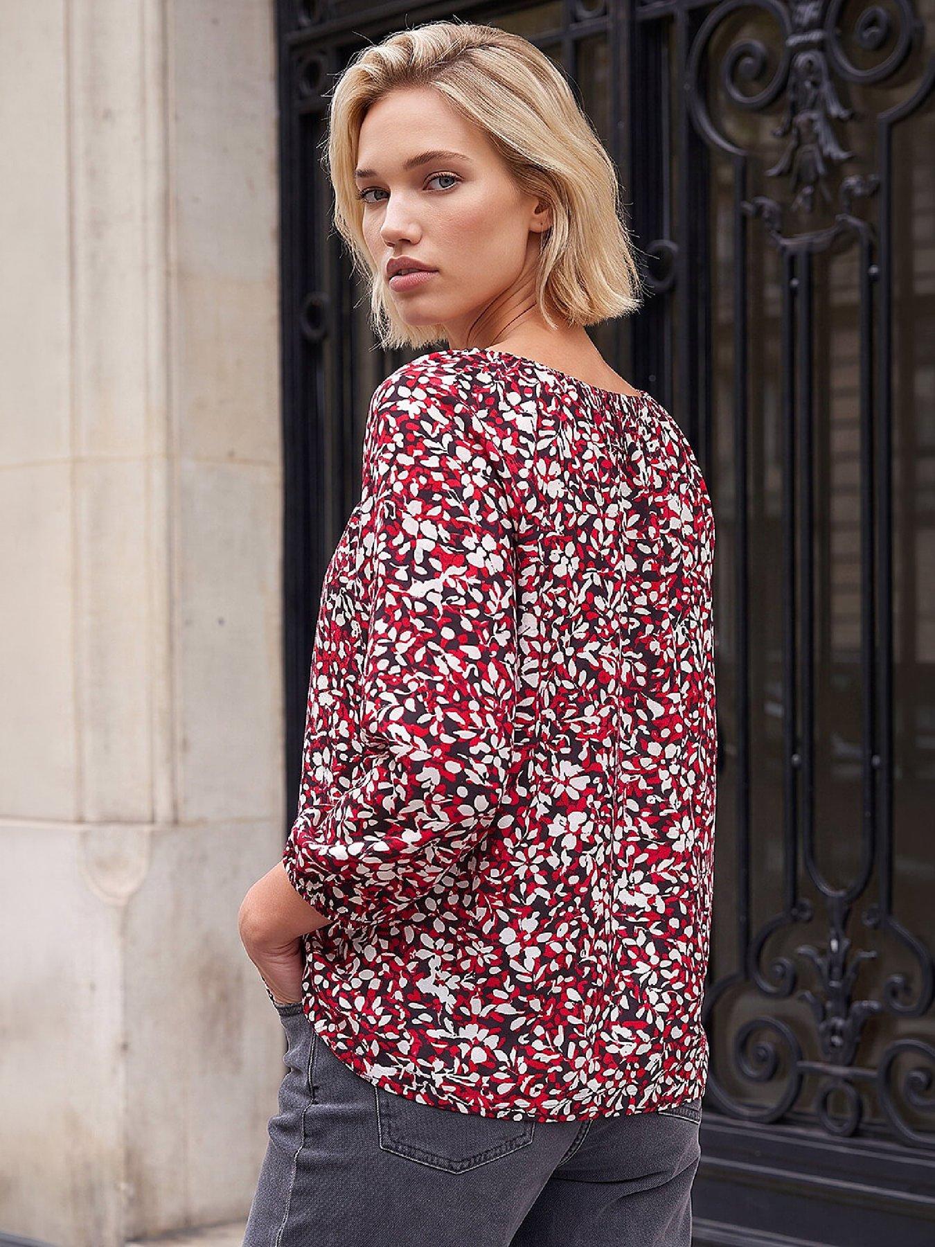Image 4 of 4 of Roman Womens Textured Floral Gathered Neck 3/4 Sleeve Blouse - Red
