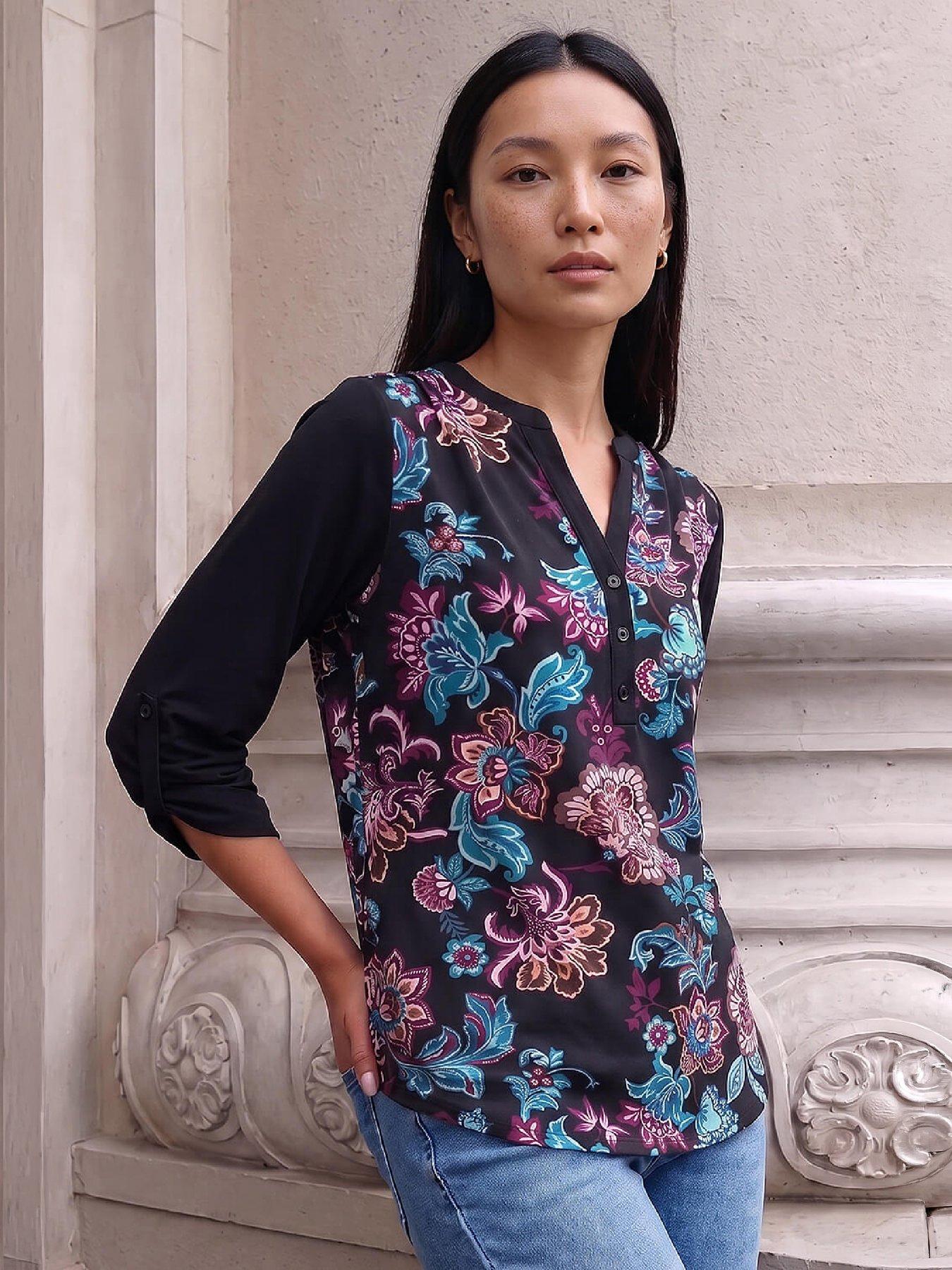 Roman Women's Black Floral Puff Print Stretch Shirt In Size 18 - Image 3
