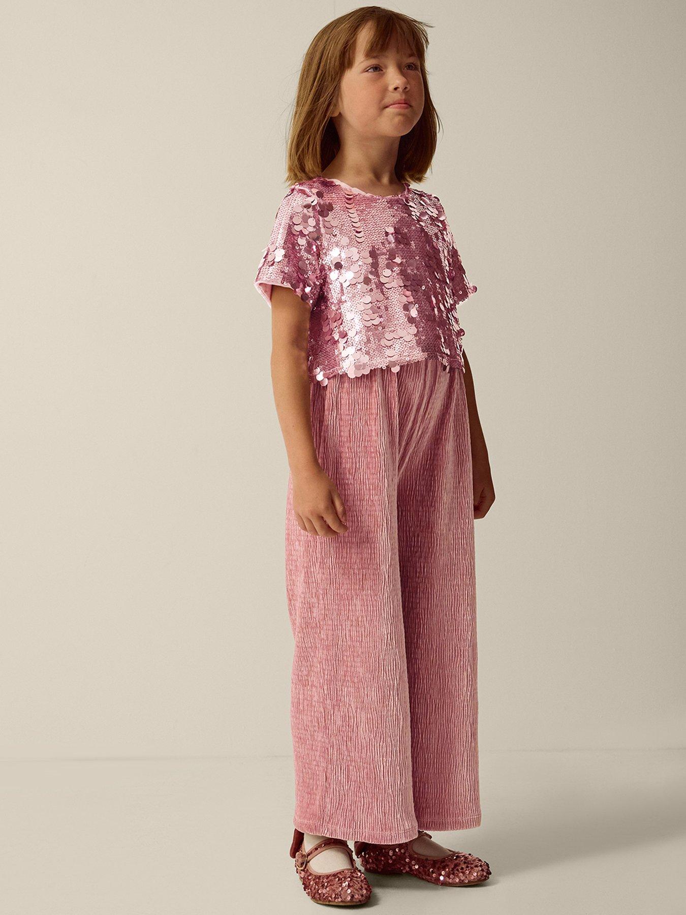 Image 1 of 4 of Monsoon Girls Eira Sequin Bodice Velvet Wide Leg Jumpsuit - Pink