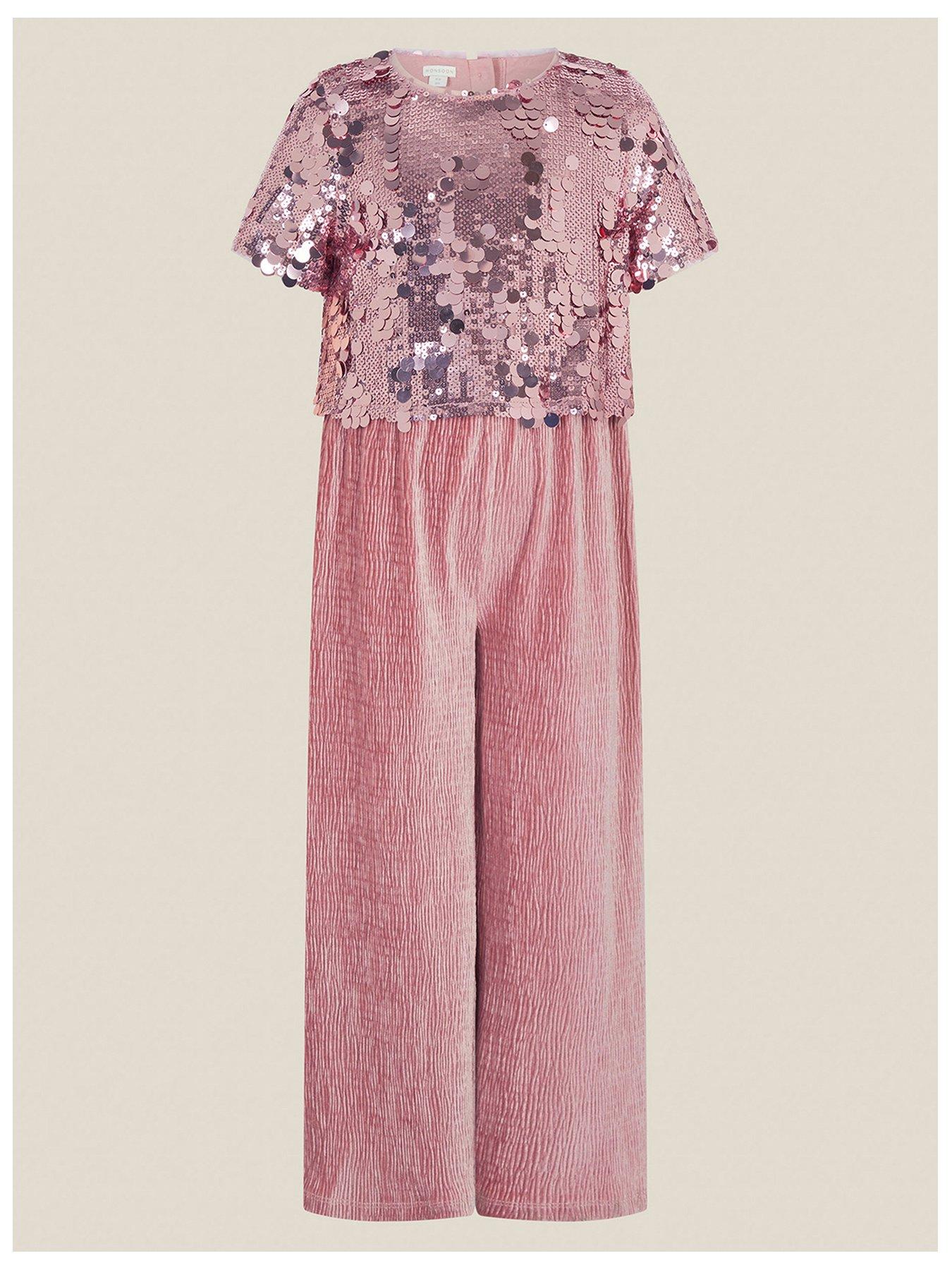 Image 2 of 4 of Monsoon Girls Eira Sequin Bodice Velvet Wide Leg Jumpsuit - Pink