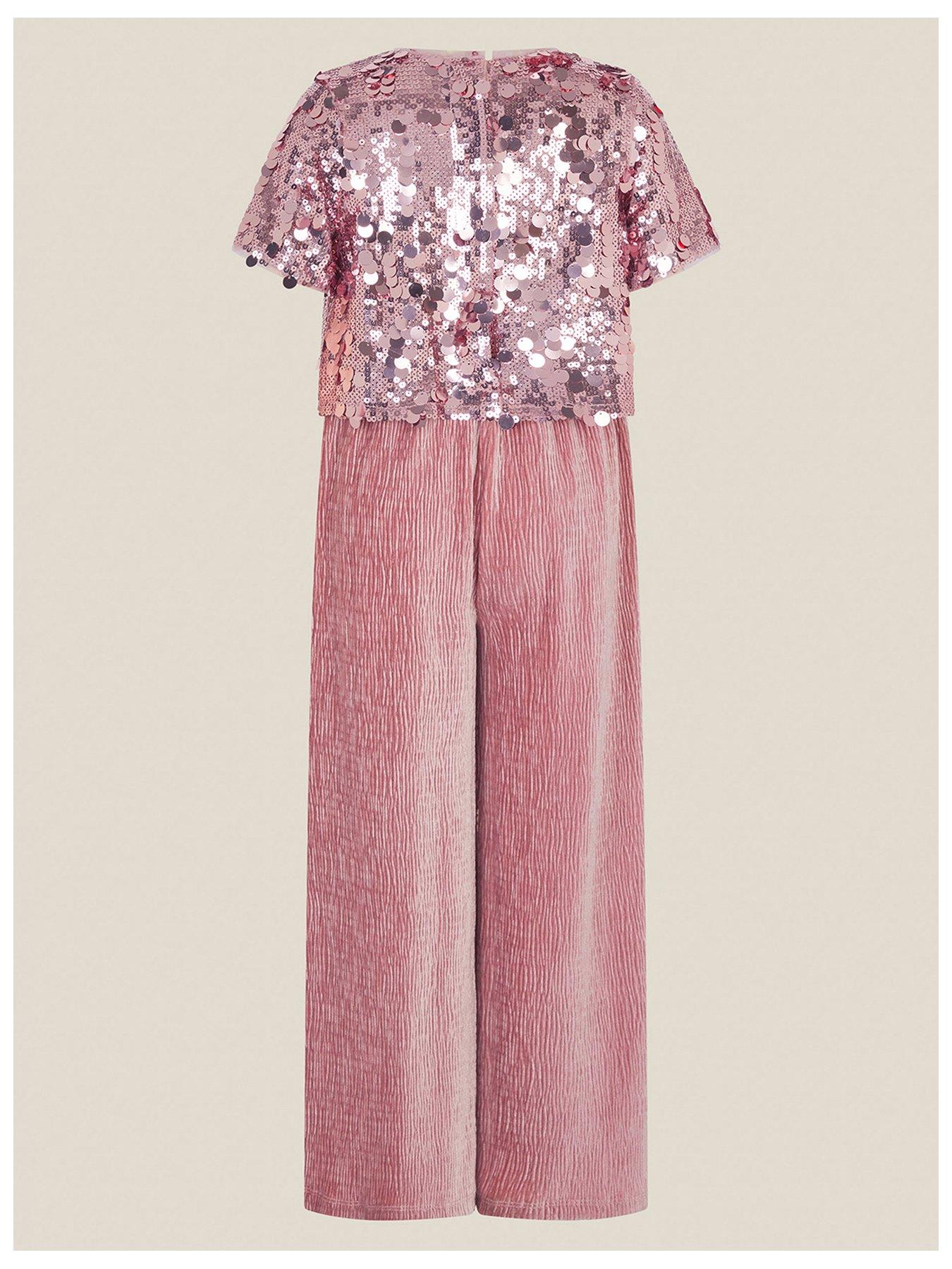 Image 3 of 4 of Monsoon Girls Eira Sequin Bodice Velvet Wide Leg Jumpsuit - Pink