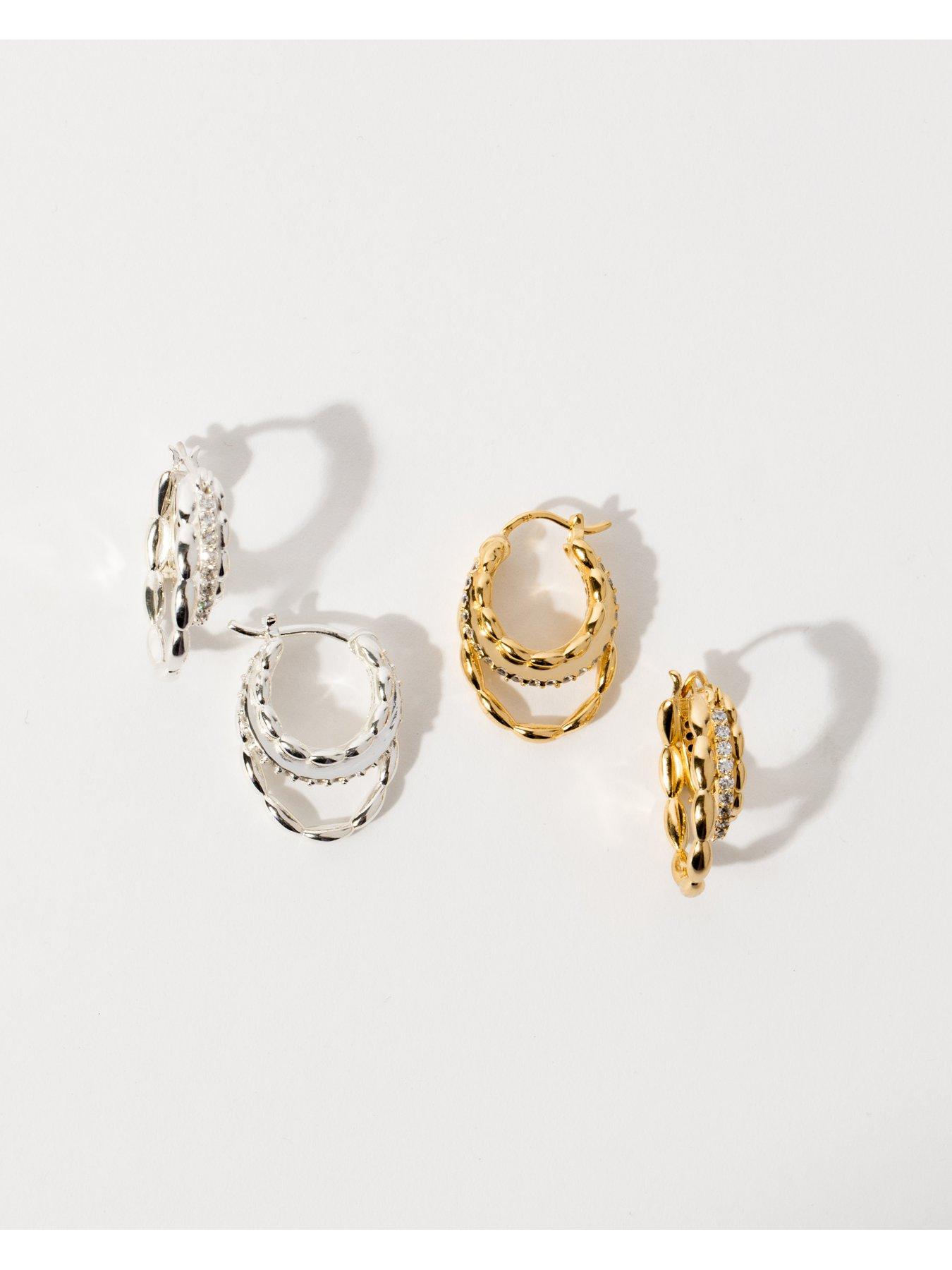 Image 4 of 4 of The Edit Womens Triple Hoop Cubic Zirconia Hoop Earrings - Silver