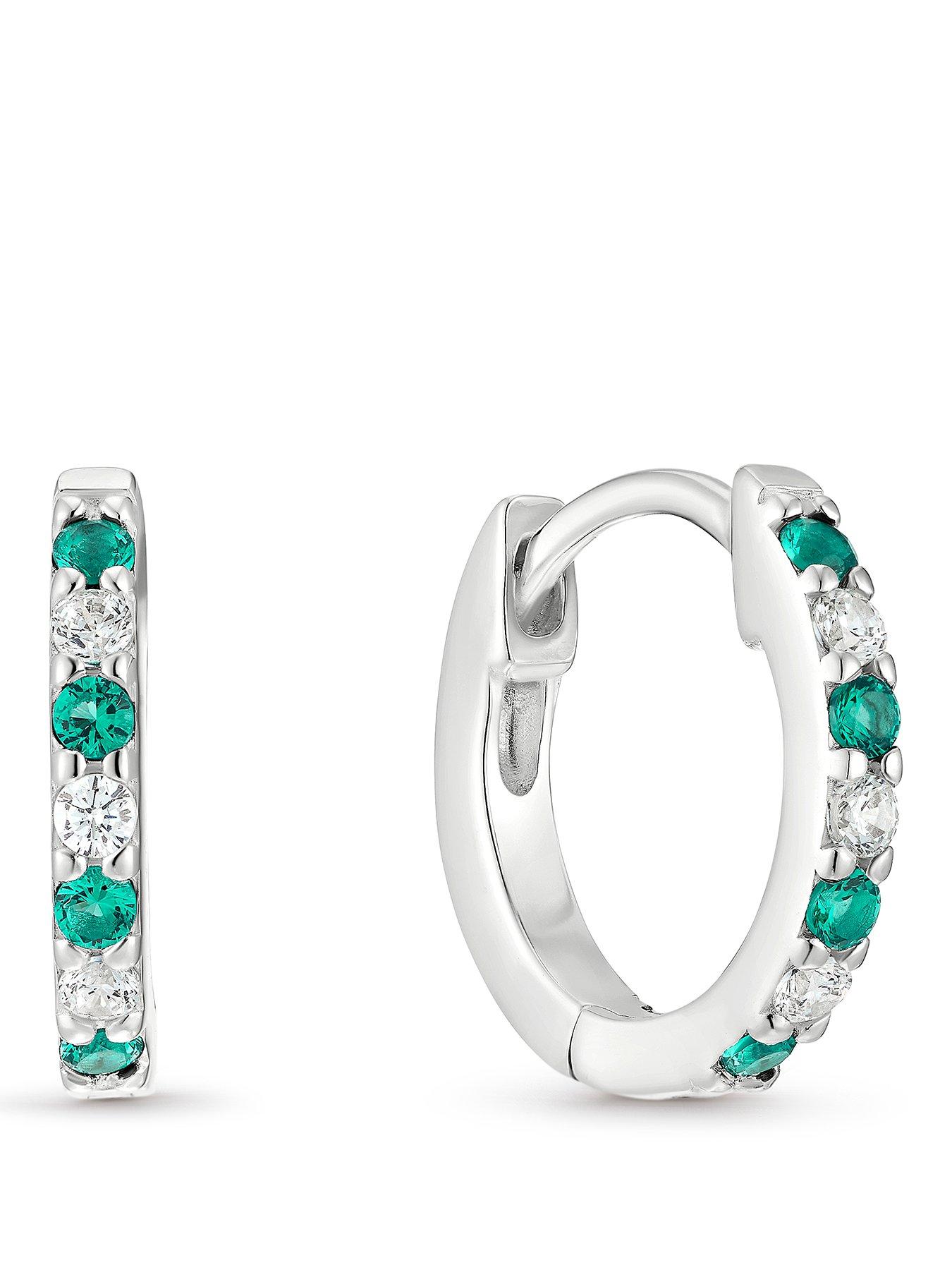 Image 1 of 2 of Ernest Jones Womens Sterling Silver Emerald &amp; Cubic Zirconia Huggie Hoop Earrings - Silver