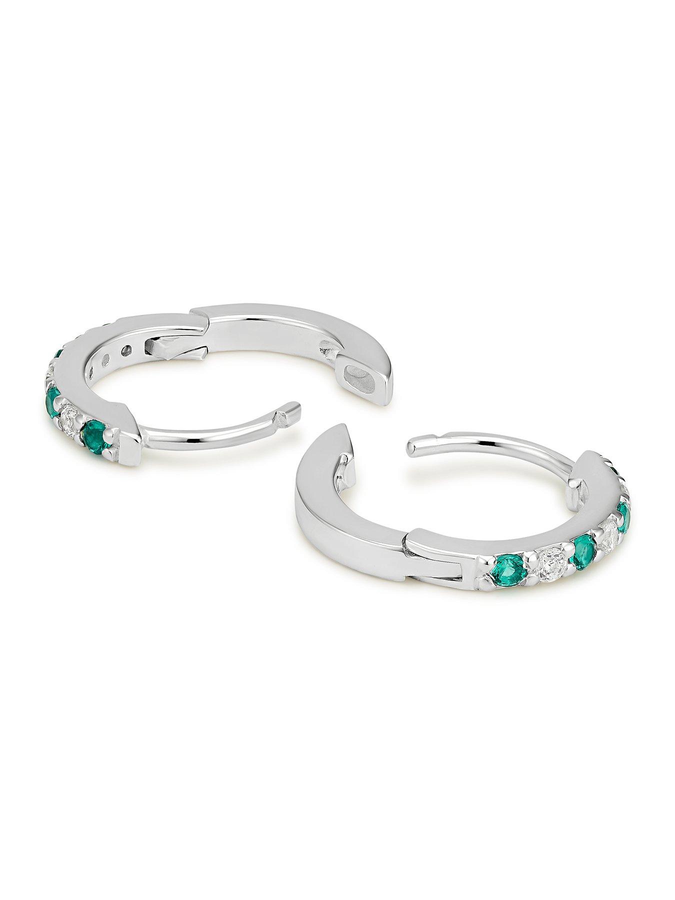 Image 2 of 2 of Ernest Jones Womens Sterling Silver Emerald &amp; Cubic Zirconia Huggie Hoop Earrings - Silver
