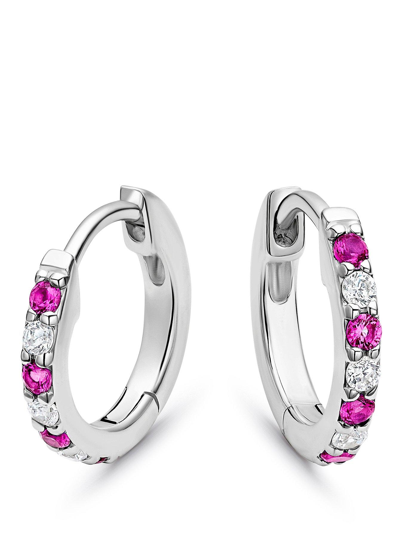 Image 1 of 2 of H. Samuel Womens Sterling Silver Created Ruby &amp; Cubic Zirconia Huggie Earrings - Silver