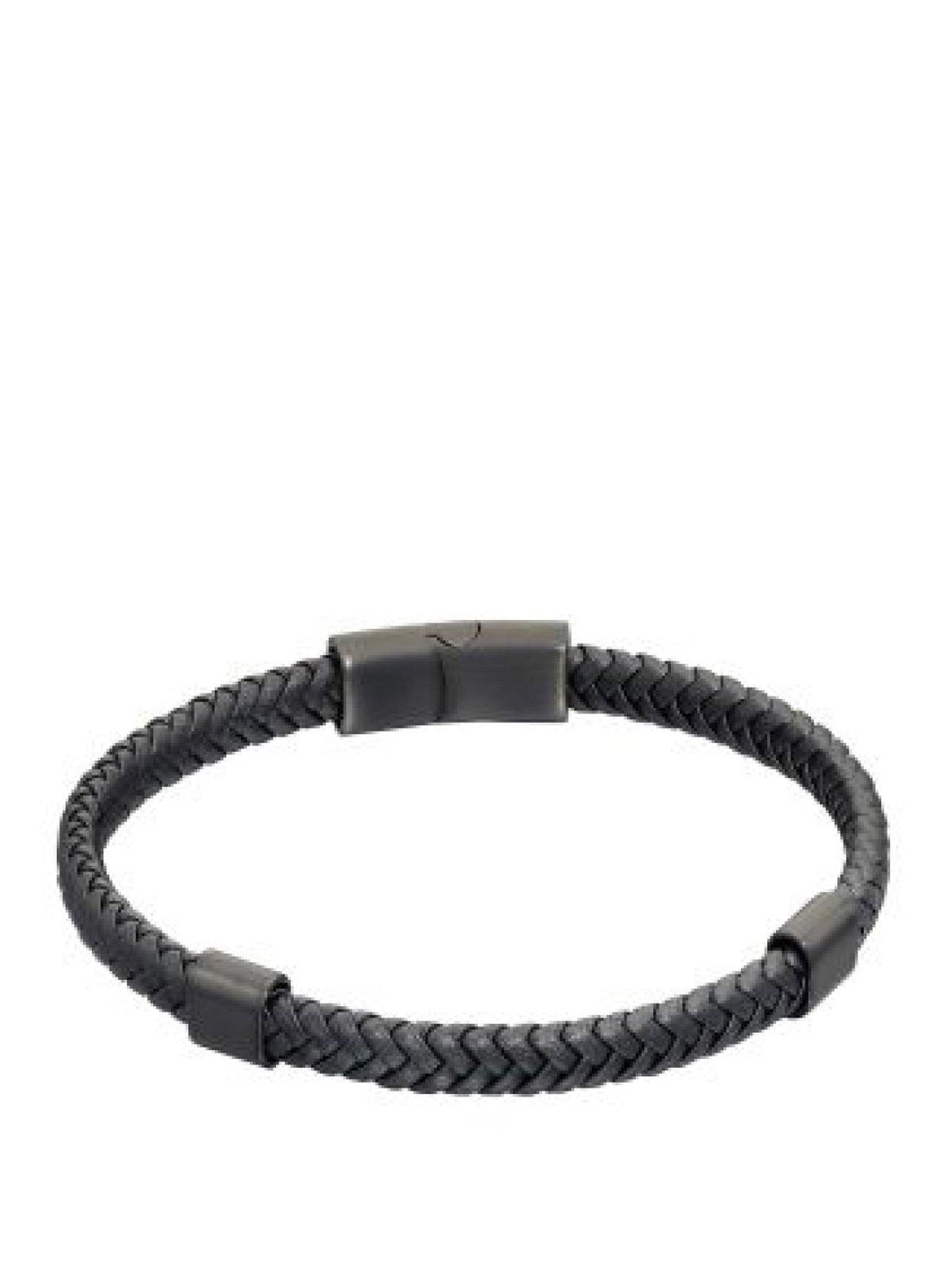 Image 1 of 1 of H. Samuel Men's Leather Plaited Black IP Station Magnetic Clasp Bracelet - Black