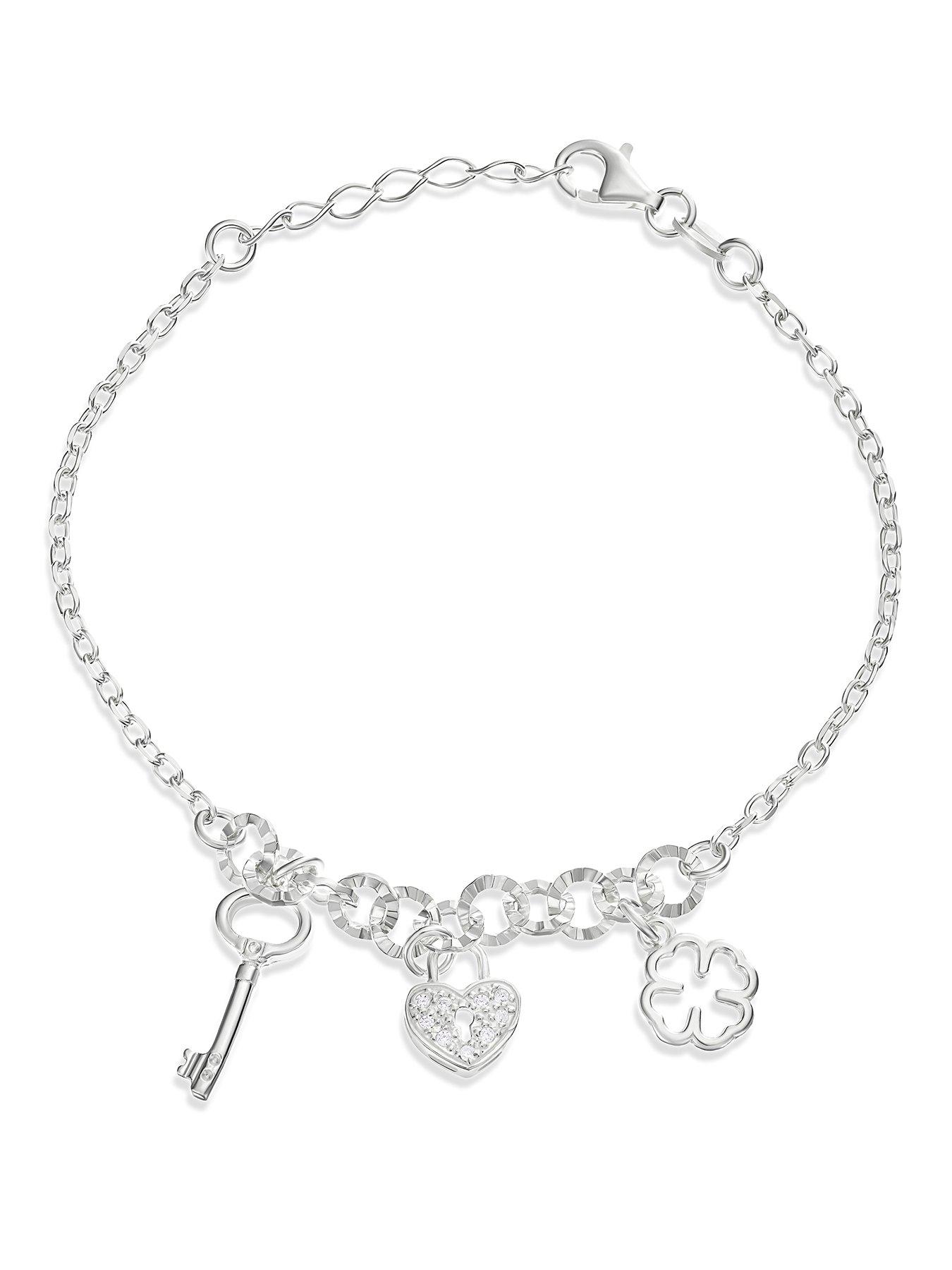 Image 1 of 3 of H. Samuel Clover Key Cubic Zirconia Heart Charm Bracelet - Silver