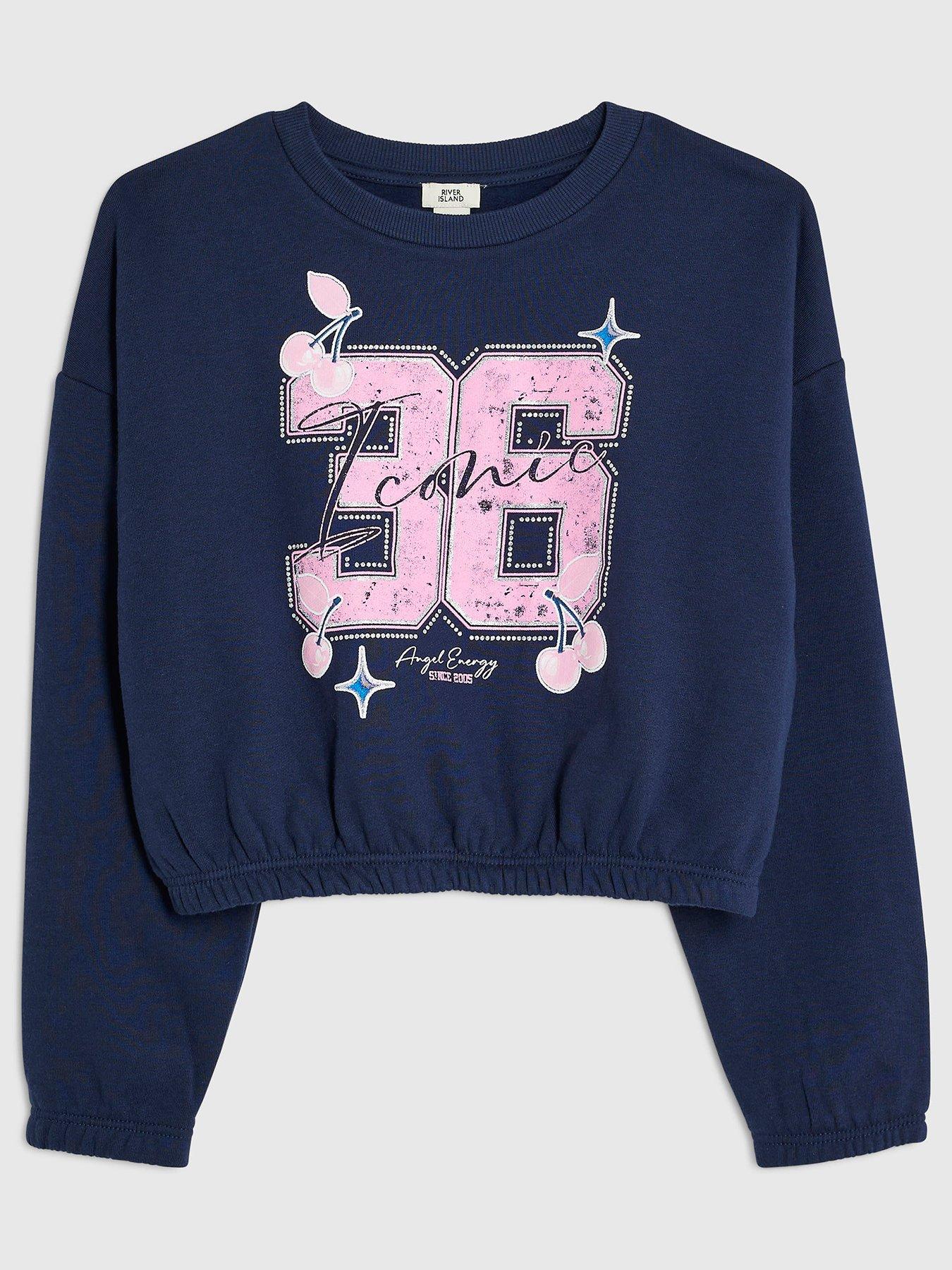 Image 1 of 4 of River Island Girls Iconic Cherry Cinch Graphic Sweatshirt - Navy