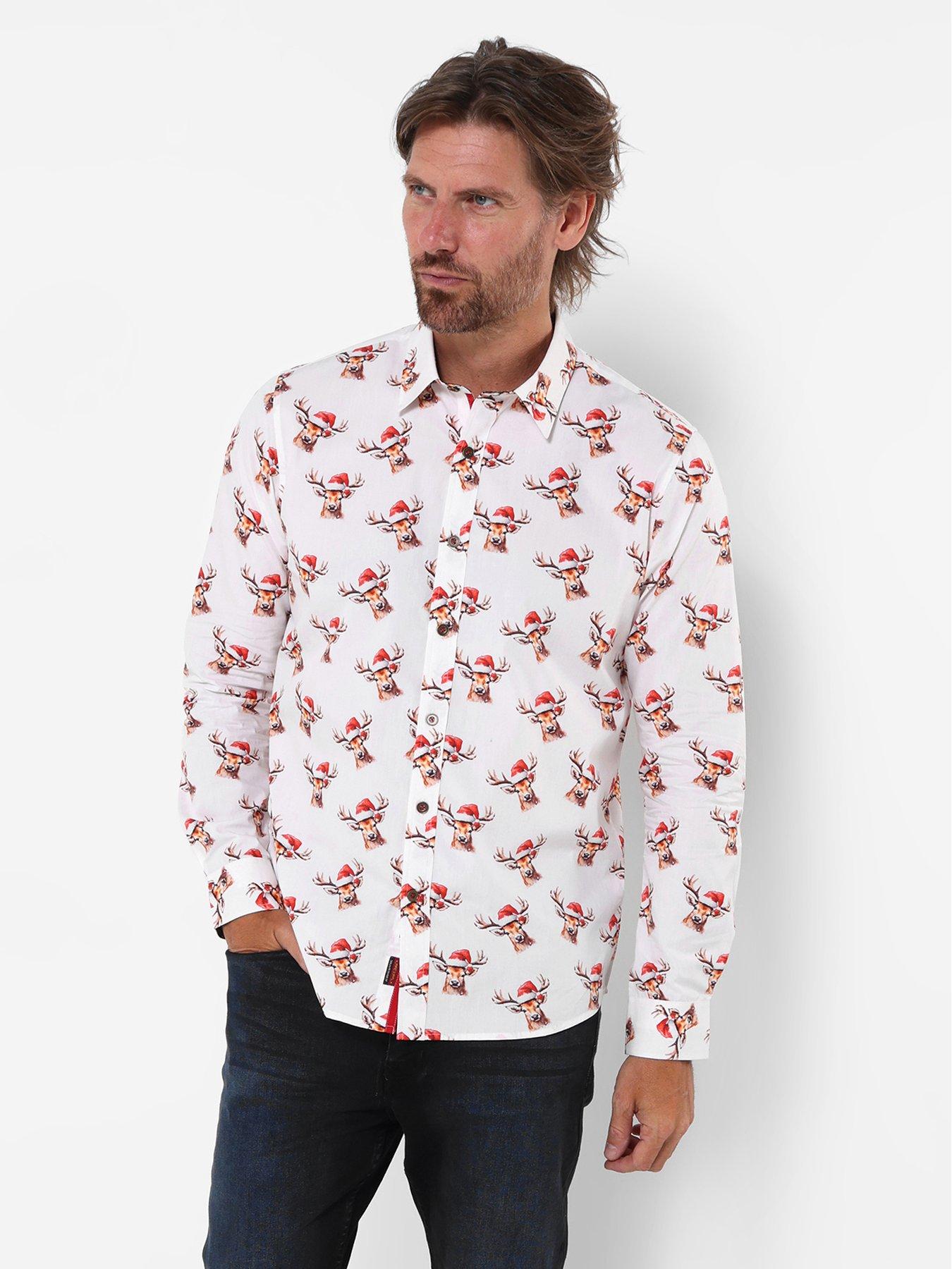 Image 1 of 5 of Joe Browns Mens Christmas Stag Print Contrast Cuff Long Sleeve Shirt - White