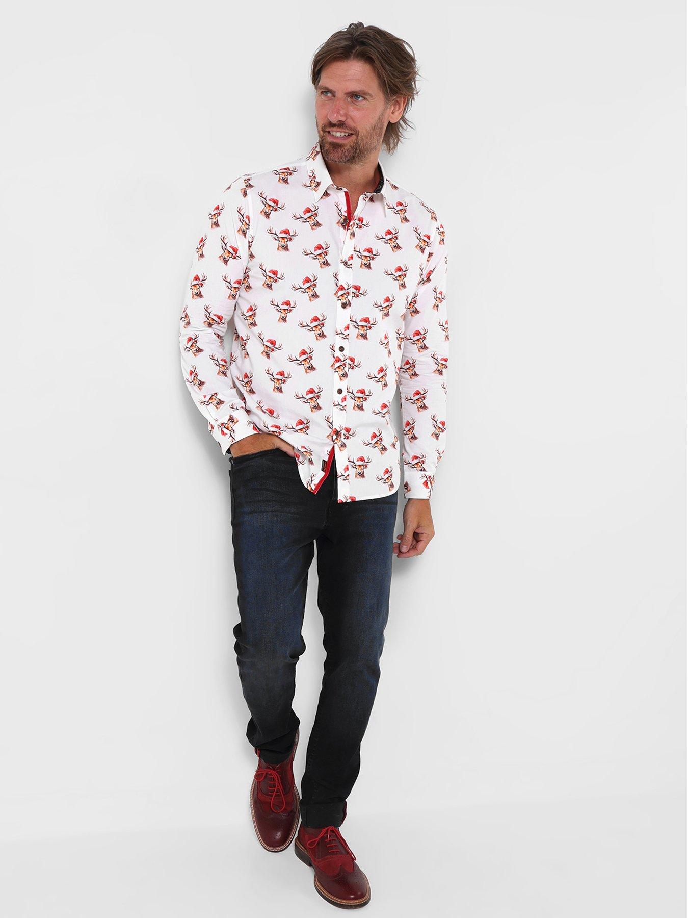Image 3 of 5 of Joe Browns Mens Christmas Stag Print Contrast Cuff Long Sleeve Shirt - White