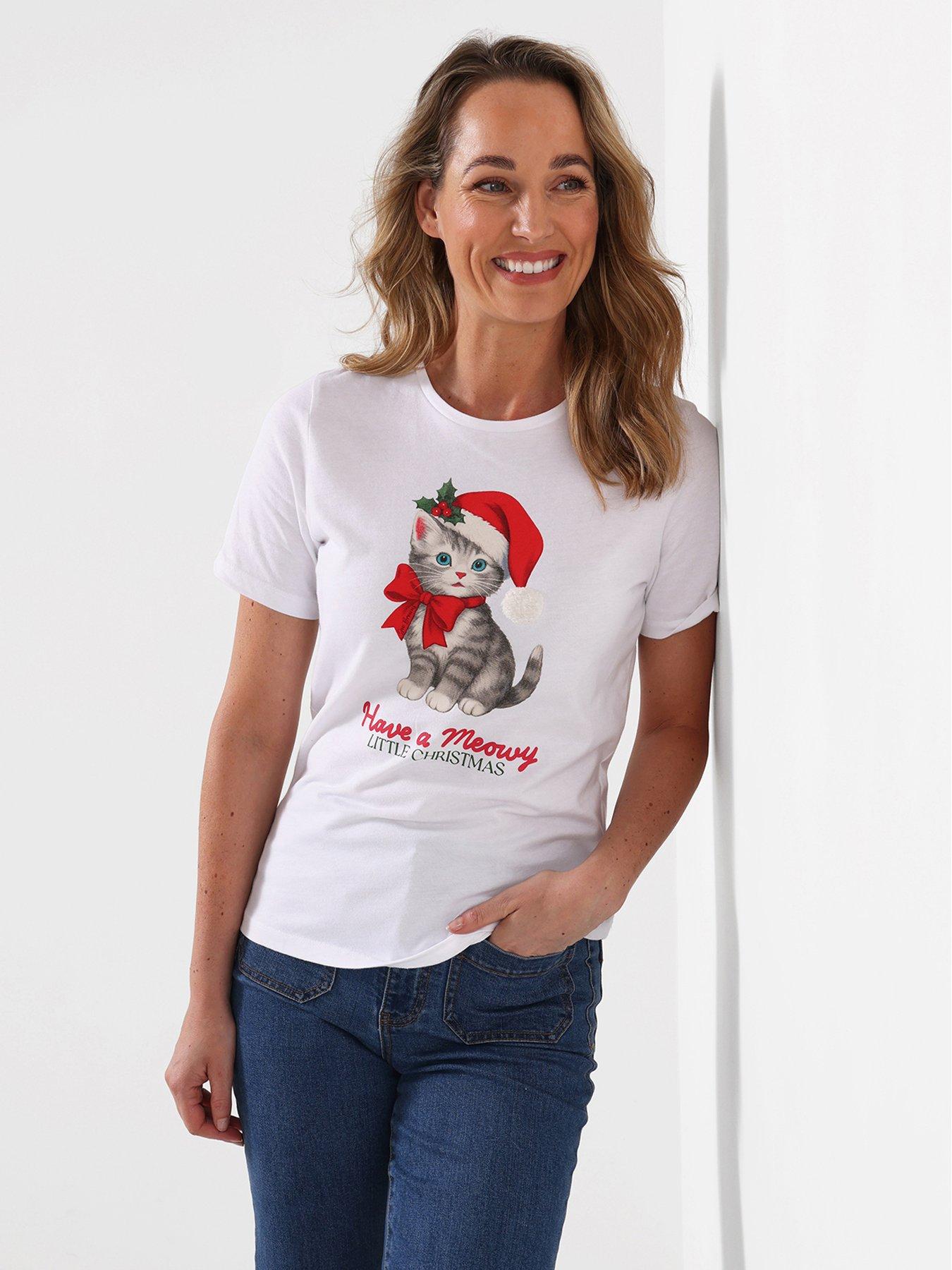 Image 1 of 5 of Joe Browns Womens Christmas Cat Graphic T-Shirt- White