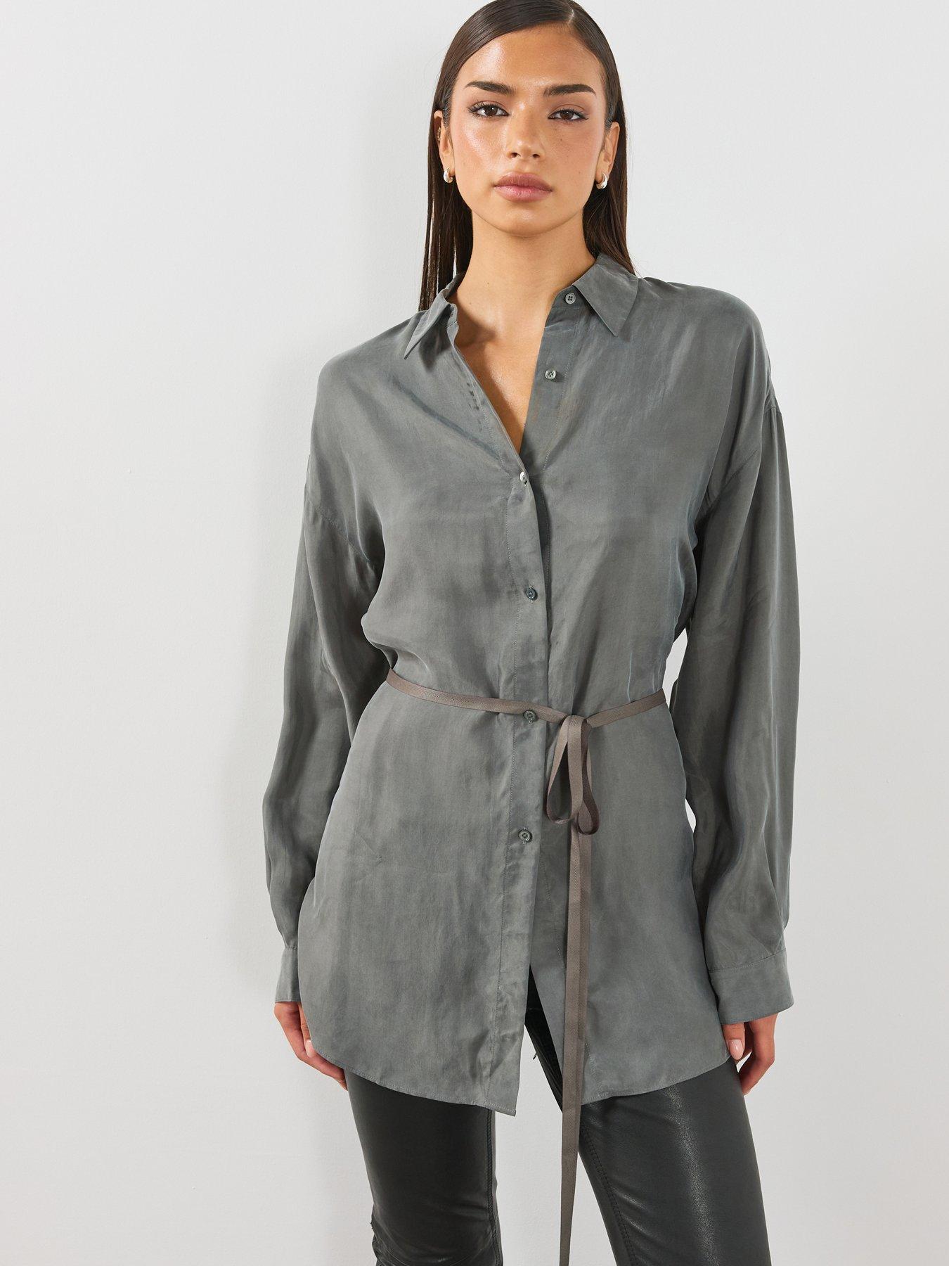 Image 1 of 6 of AllSaints Womens Ilana Tie Waist Longsleeve Shirt - Grey