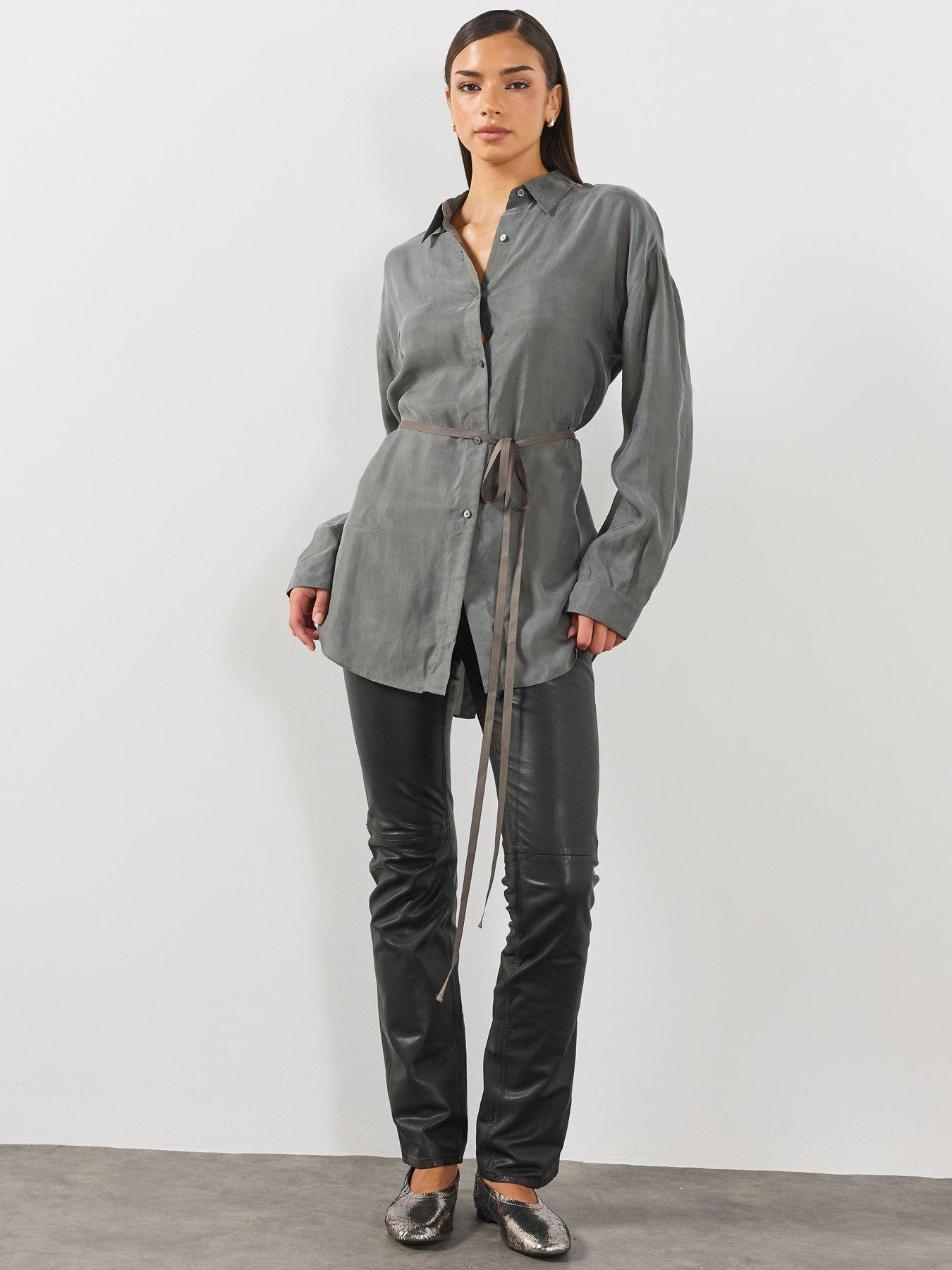 Image 3 of 6 of AllSaints Womens Ilana Tie Waist Longsleeve Shirt - Grey