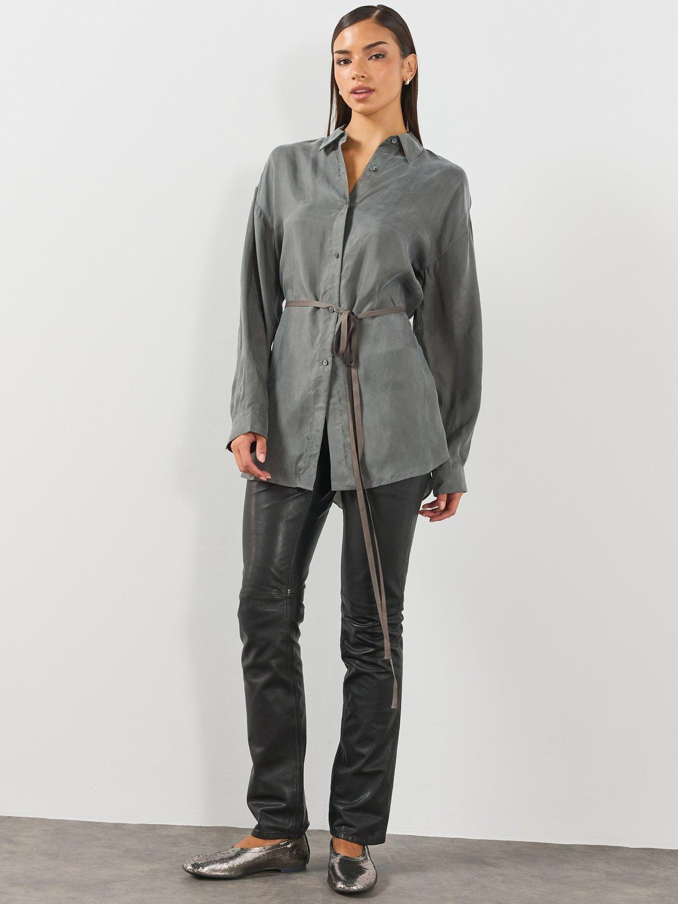 Image 5 of 6 of AllSaints Womens Ilana Tie Waist Longsleeve Shirt - Grey
