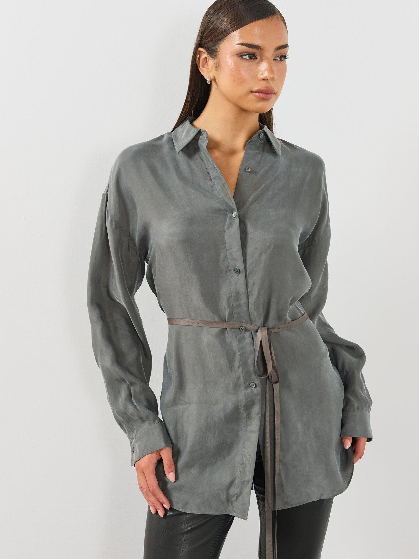 Image 6 of 6 of AllSaints Womens Ilana Tie Waist Longsleeve Shirt - Grey