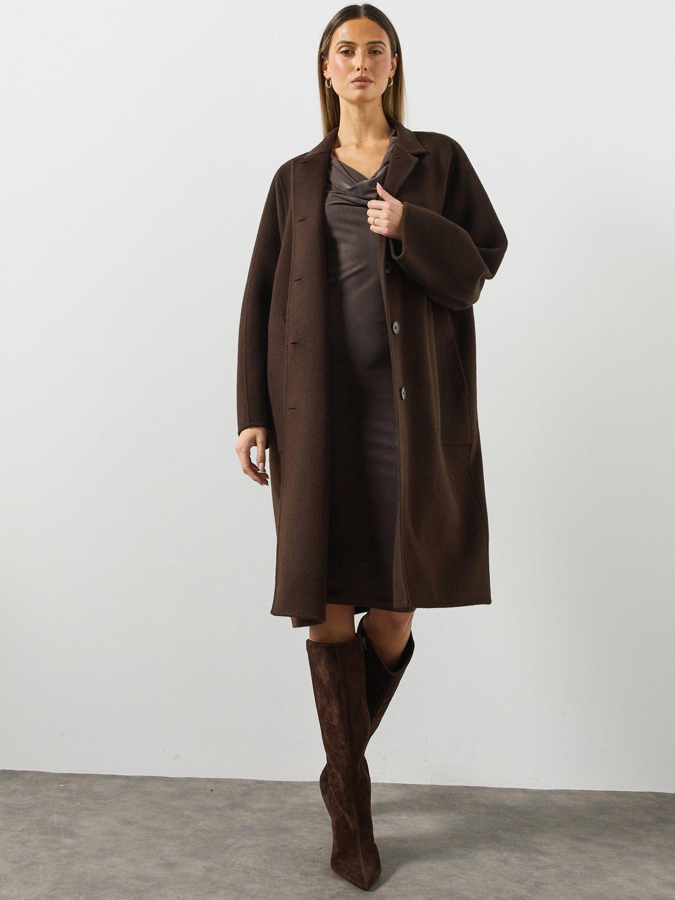 Image 1 of 6 of AllSaints Womens Effie Loose Fit Wool Blend Coat - Brown
