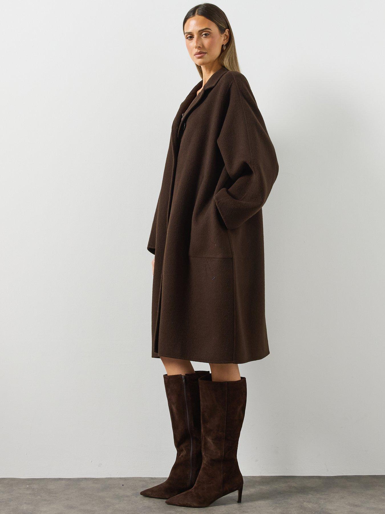 Image 3 of 6 of AllSaints Womens Effie Loose Fit Wool Blend Coat - Brown