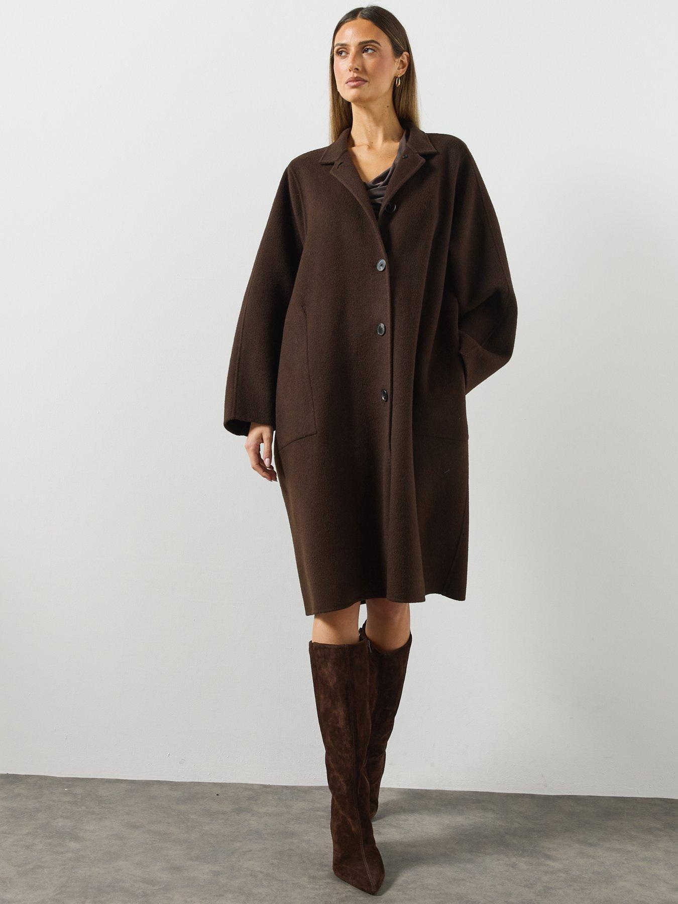 Image 6 of 6 of AllSaints Womens Effie Loose Fit Wool Blend Coat - Brown