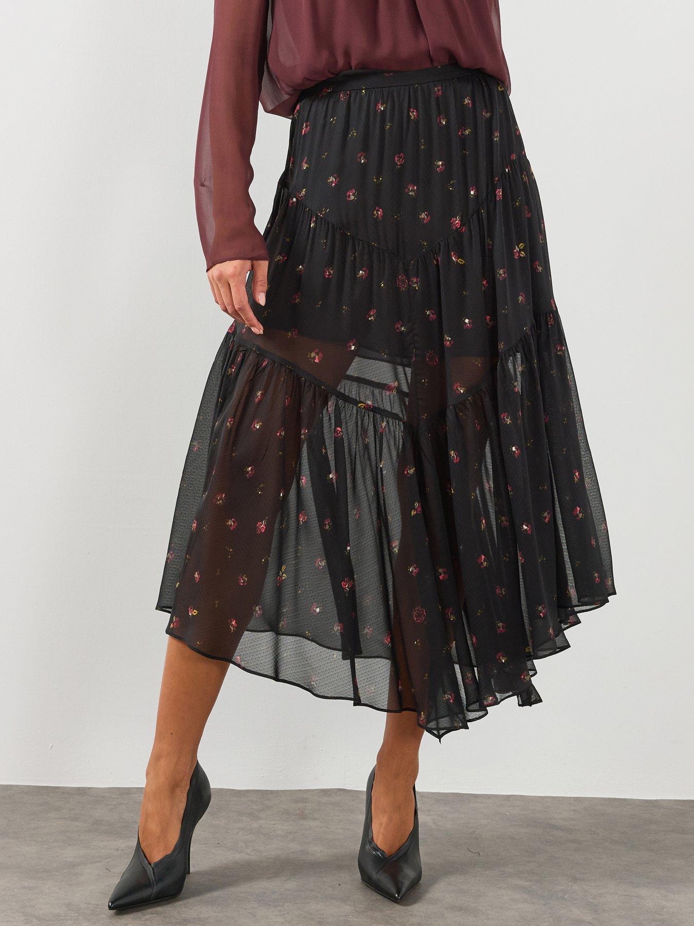 Image 1 of 6 of AllSaints Alex Printed Midaxi Skirt - Black