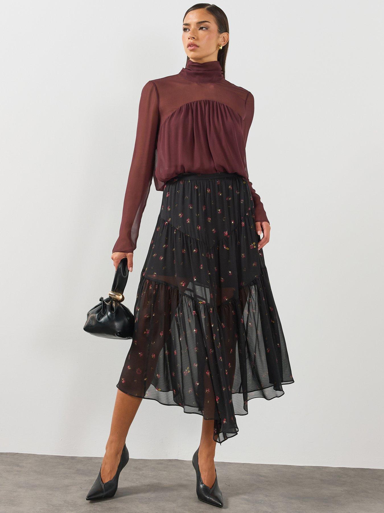 Image 6 of 6 of AllSaints Alex Printed Midaxi Skirt - Black
