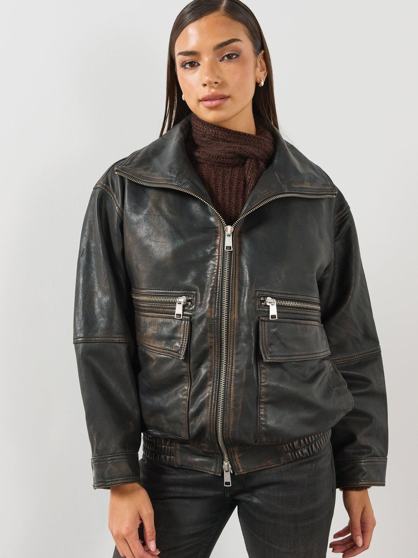 Image 1 of 6 of AllSaints Womens Elisa Leather Bomber Jacket - Brown