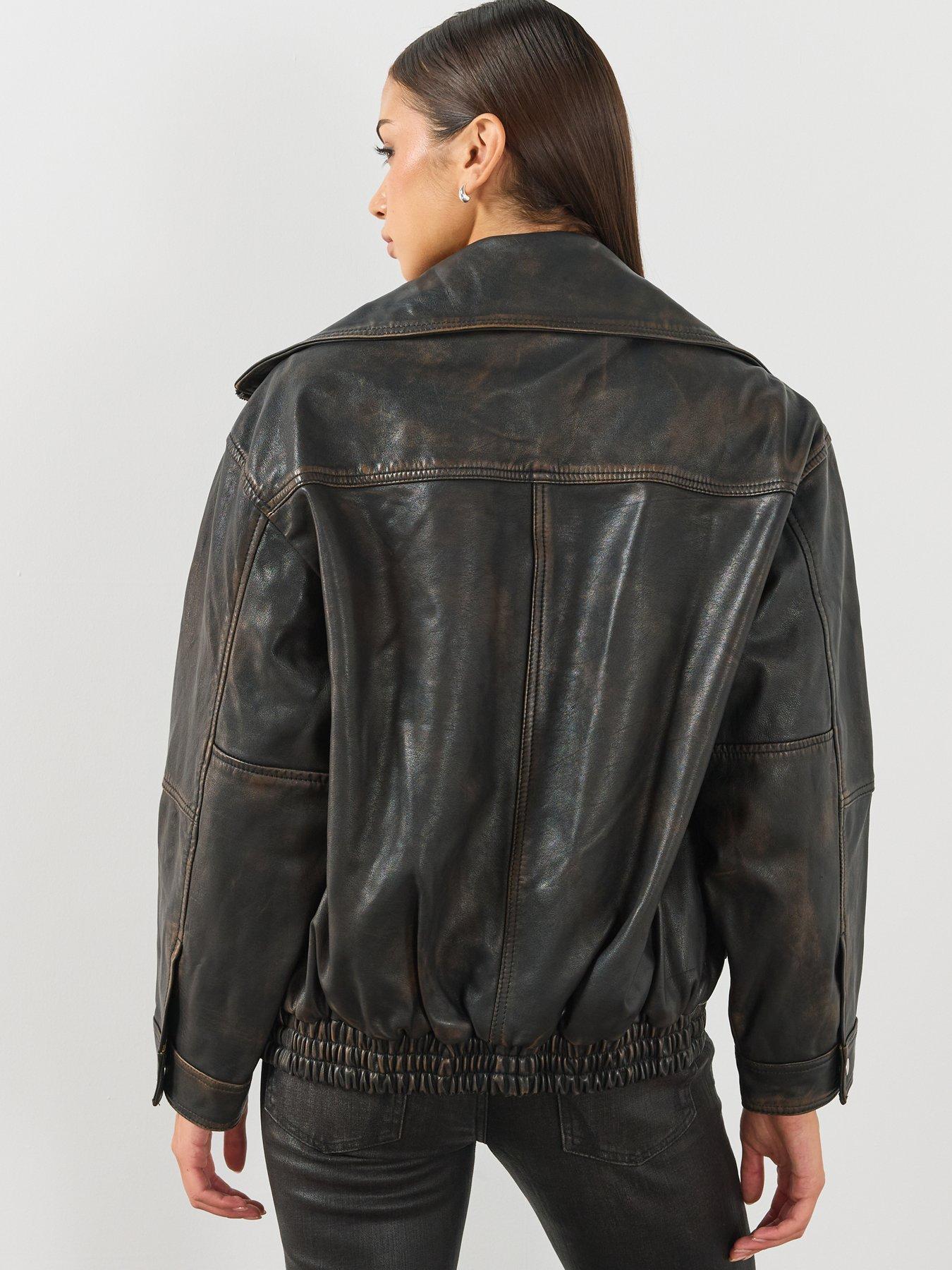 Image 2 of 6 of AllSaints Womens Elisa Leather Bomber Jacket - Brown