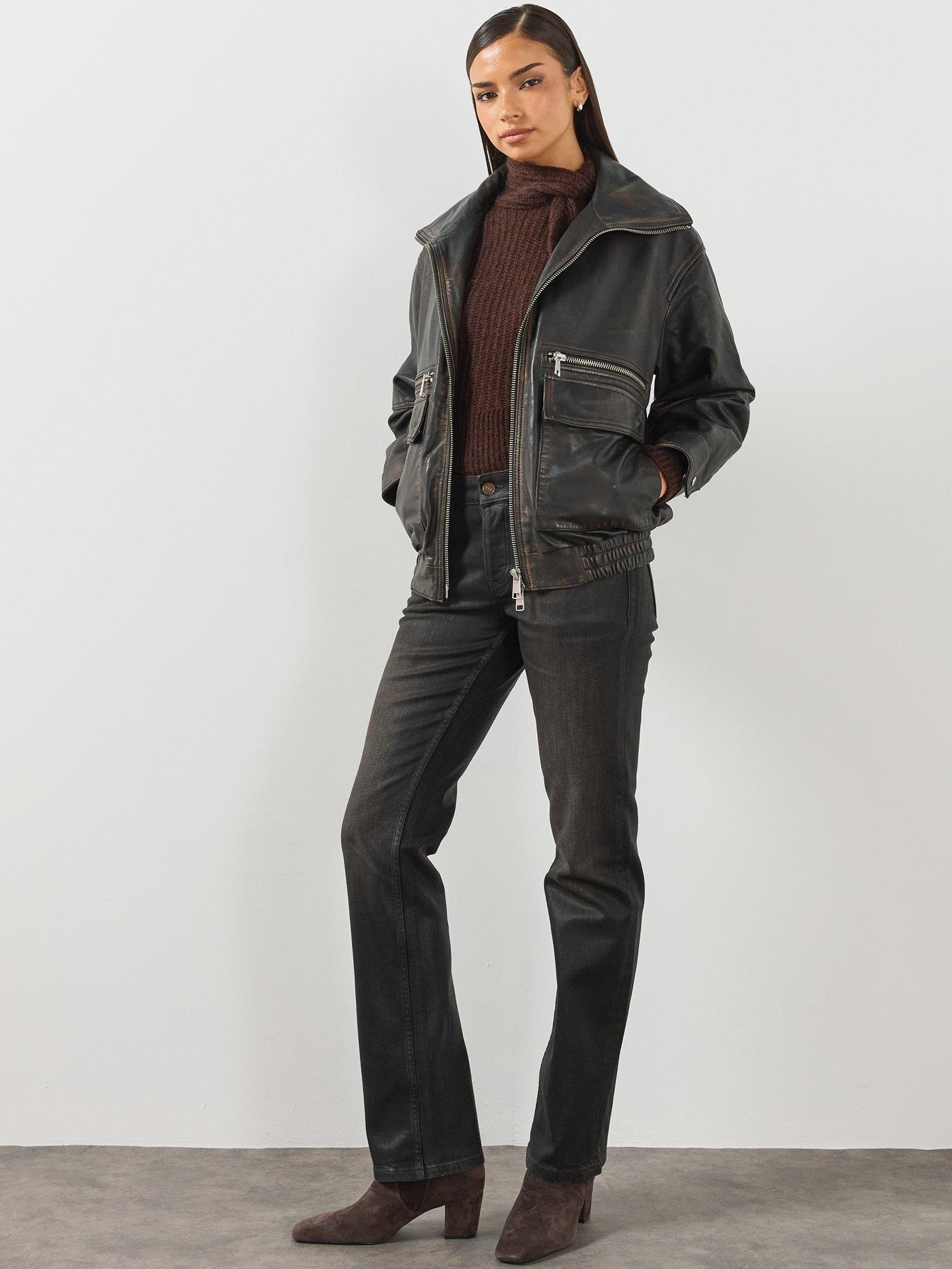 Image 3 of 6 of AllSaints Womens Elisa Leather Bomber Jacket - Brown