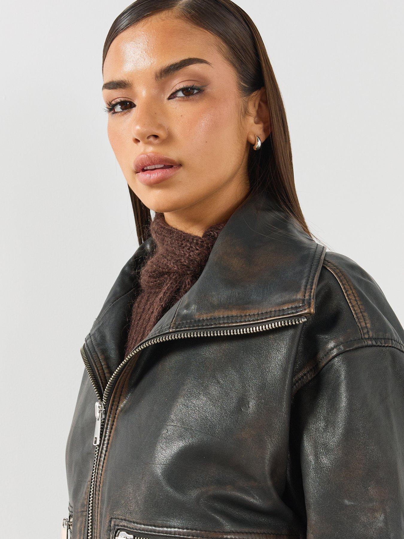 Image 4 of 6 of AllSaints Womens Elisa Leather Bomber Jacket - Brown