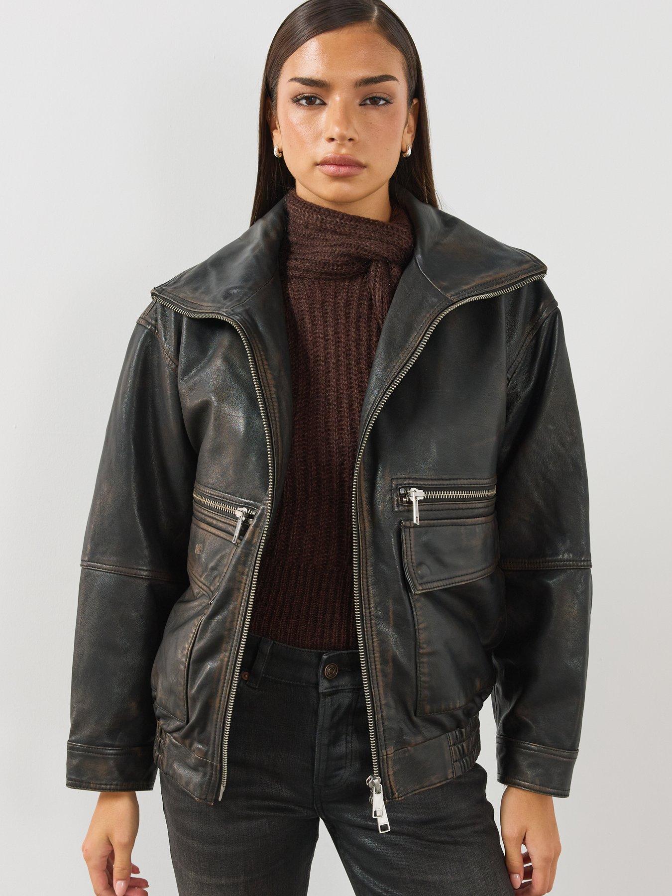 Image 6 of 6 of AllSaints Womens Elisa Leather Bomber Jacket - Brown