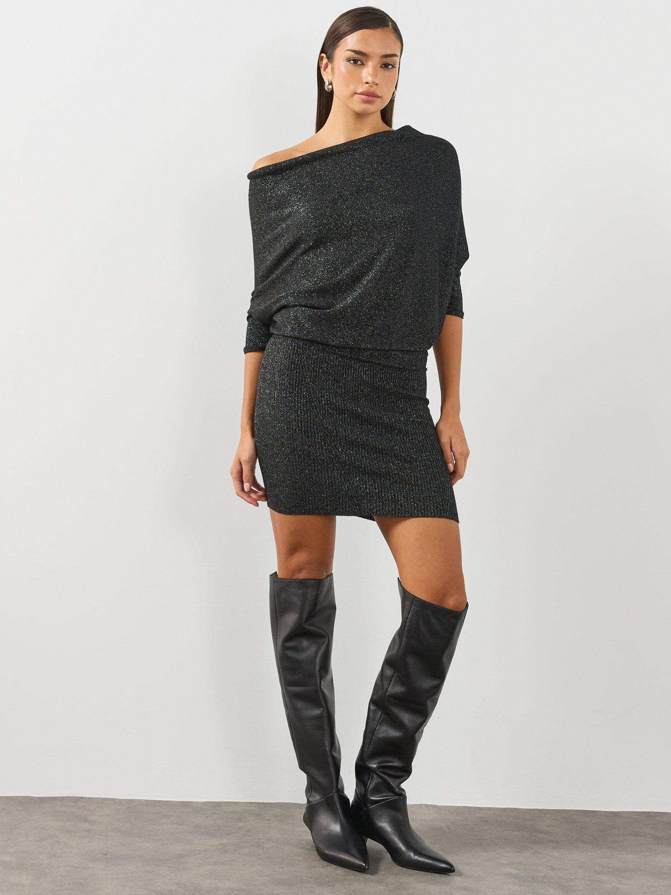 Image 1 of 6 of AllSaints Allsaints Ellie Sparkle Mini Dress - Black