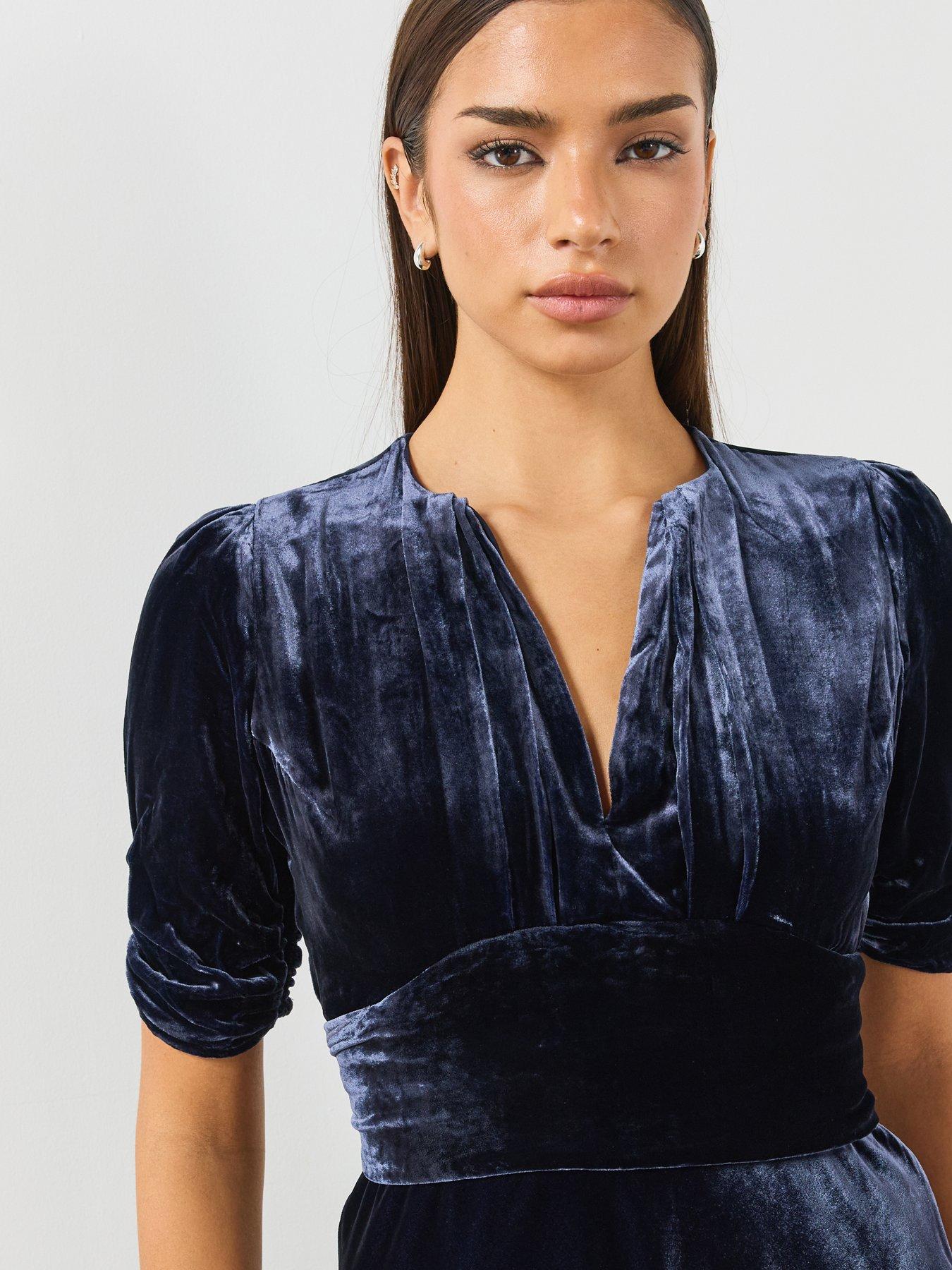 Image 4 of 6 of AllSaints Allsaints Ena Velvet Mini Dress - Blue