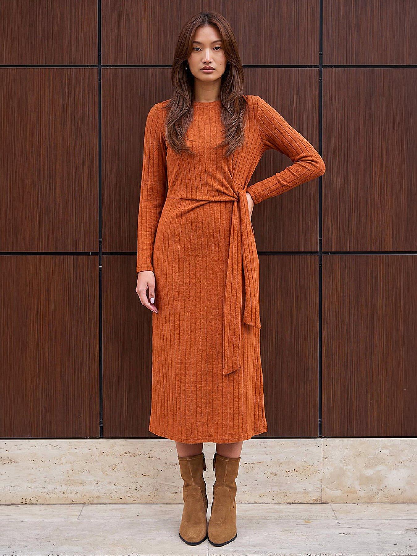 Roman Women's Orange Textured Tie Side Midi Dress In Size 18 - Image 2