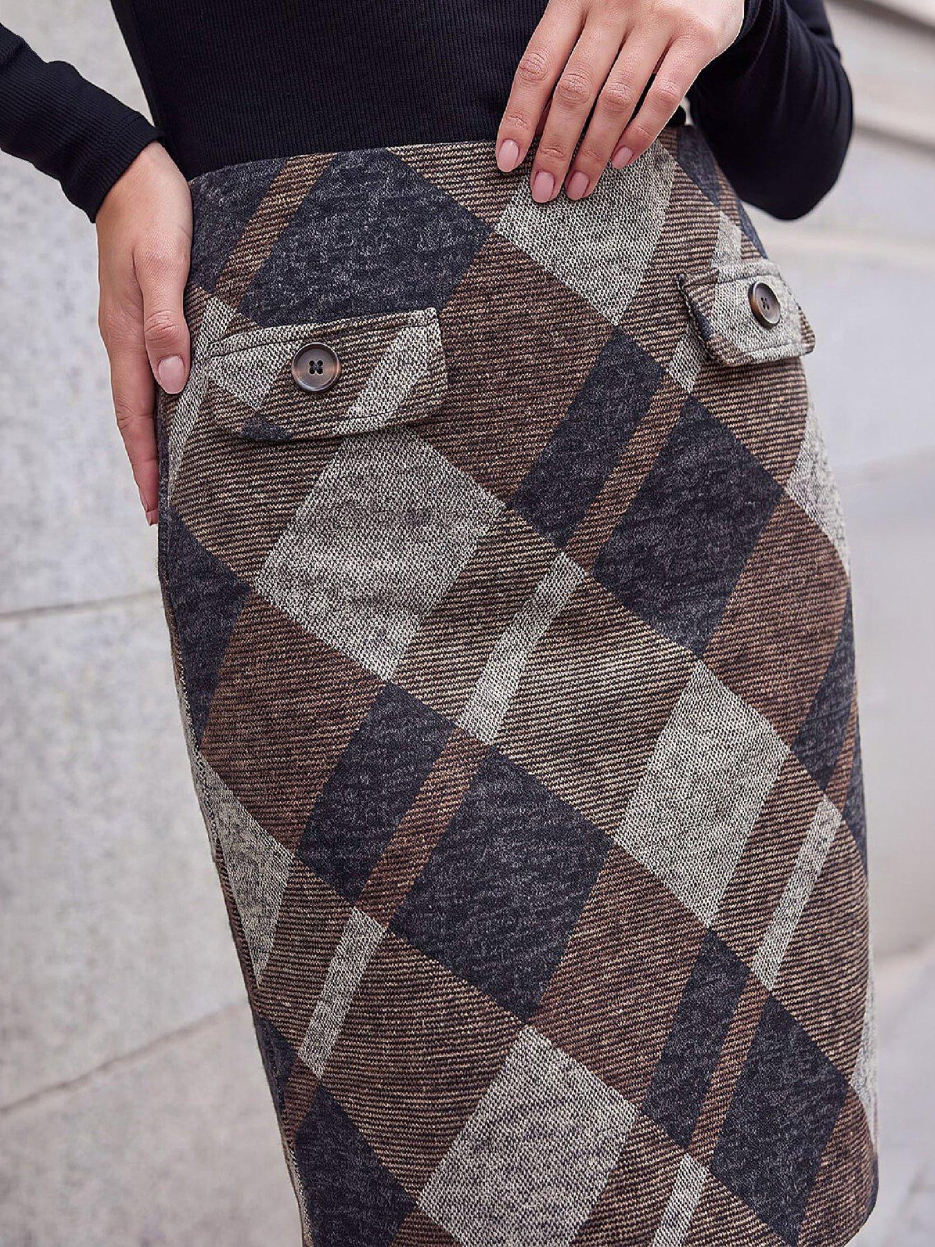 Image 2 of 4 of Roman Womens Check Button Detail Pencil Skirt - Brown