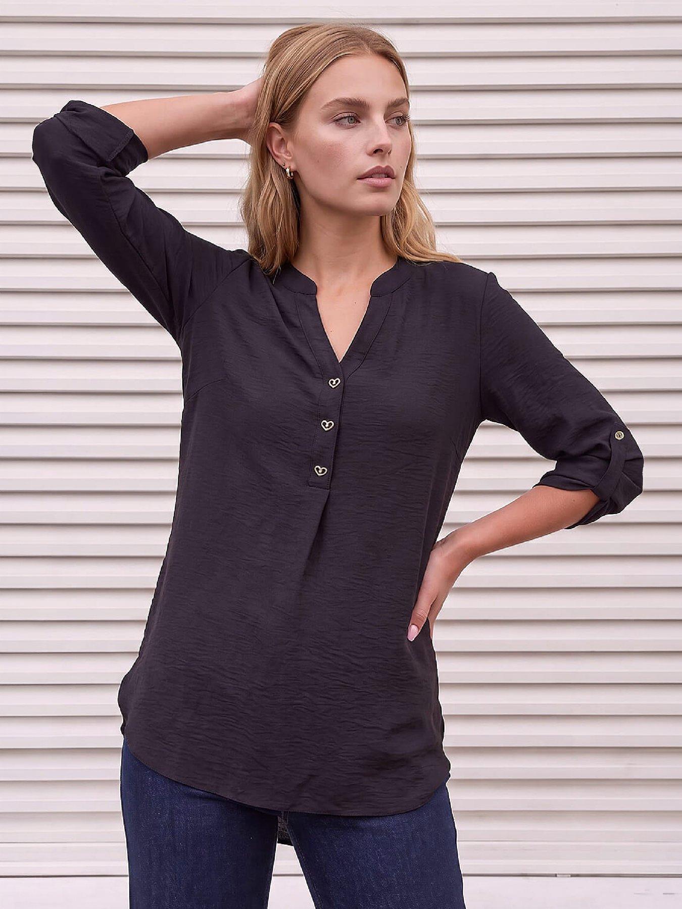 Image 4 of 4 of Roman Womens Heart Button Longline Top - Black