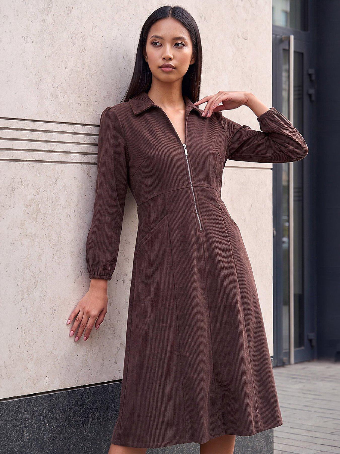 Roman Women's Chocolate Petite Zip Front Cord Dress In | Size: 8 - Image 2