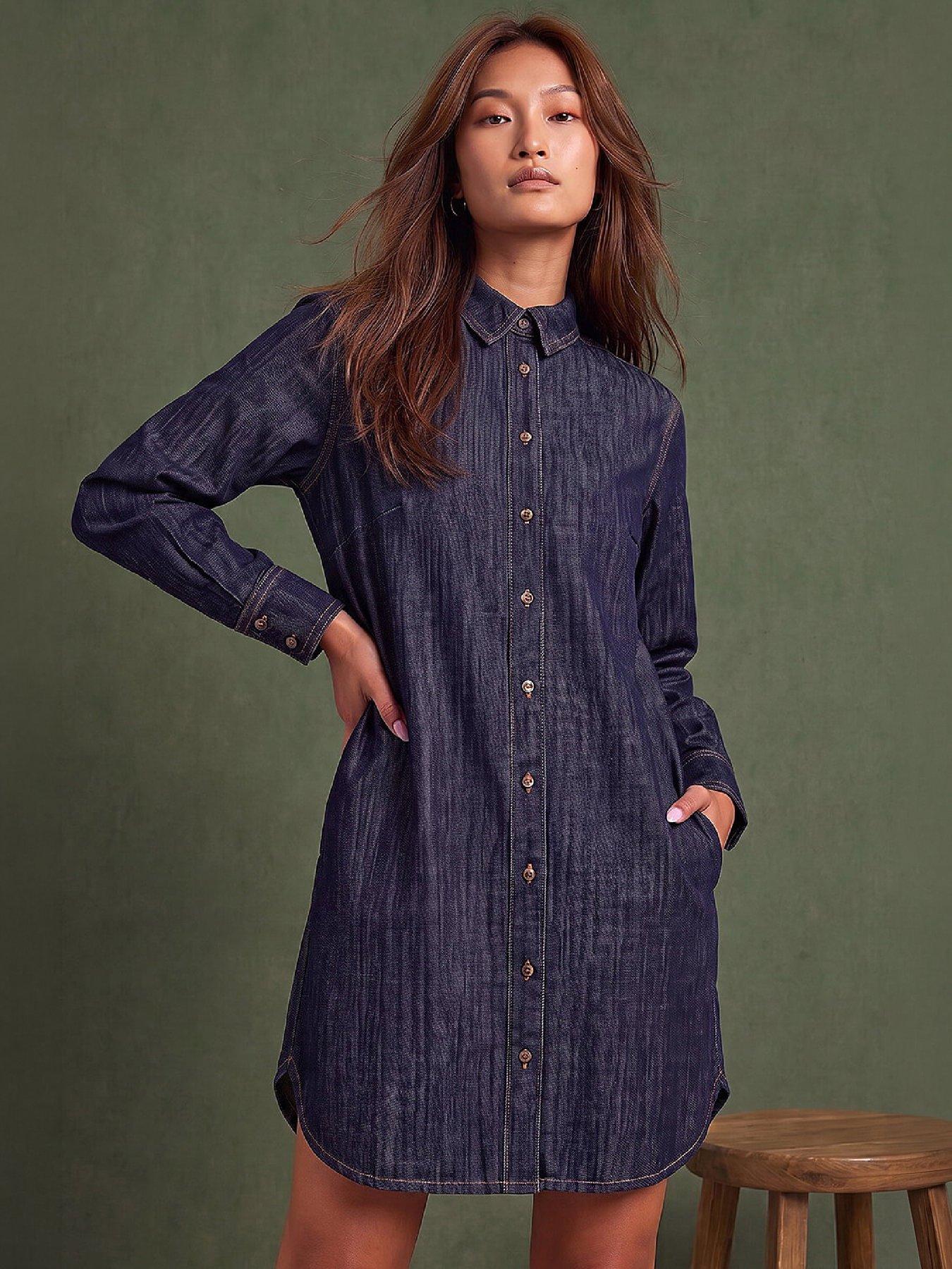 Image 1 of 4 of Roman Womens Button Through Denim Side Pocket Shirt Dress - Blue