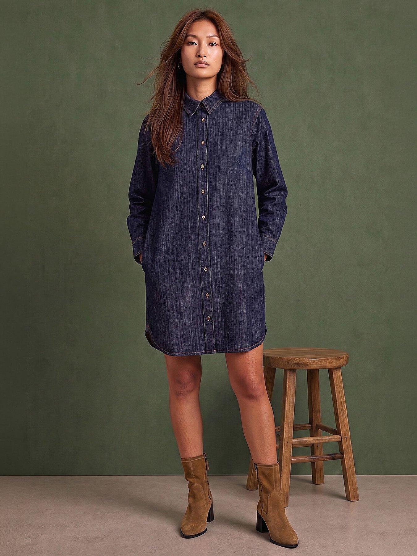 Image 3 of 4 of Roman Womens Button Through Denim Side Pocket Shirt Dress - Blue